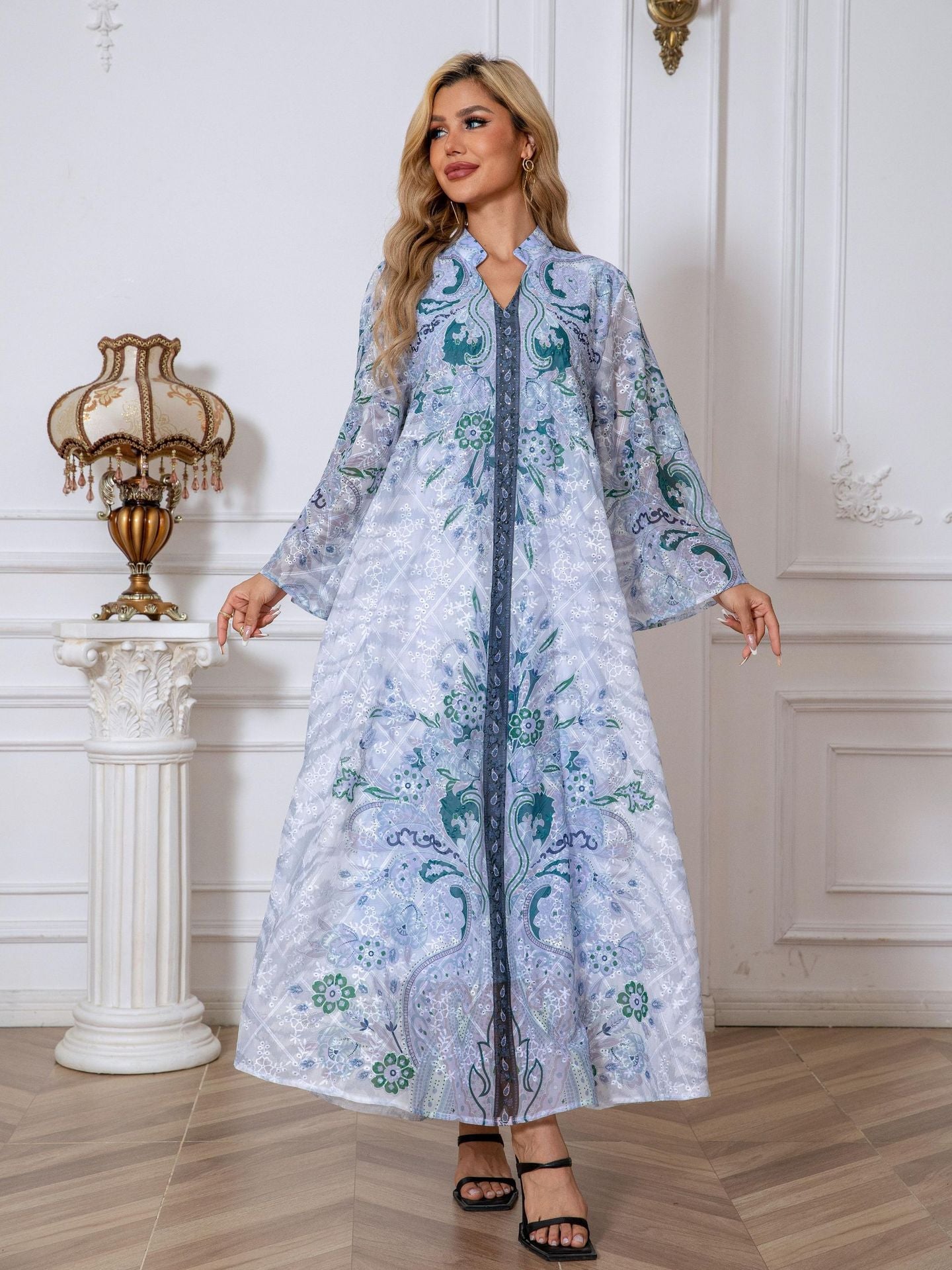 Light Blue Floral Print Rhinestone Embroidered Maxi Abaya Dress