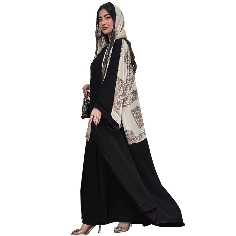 Black Floral Lace Patchwork Ice Silk Crinkle Maxi Cardigan Cape - One Size