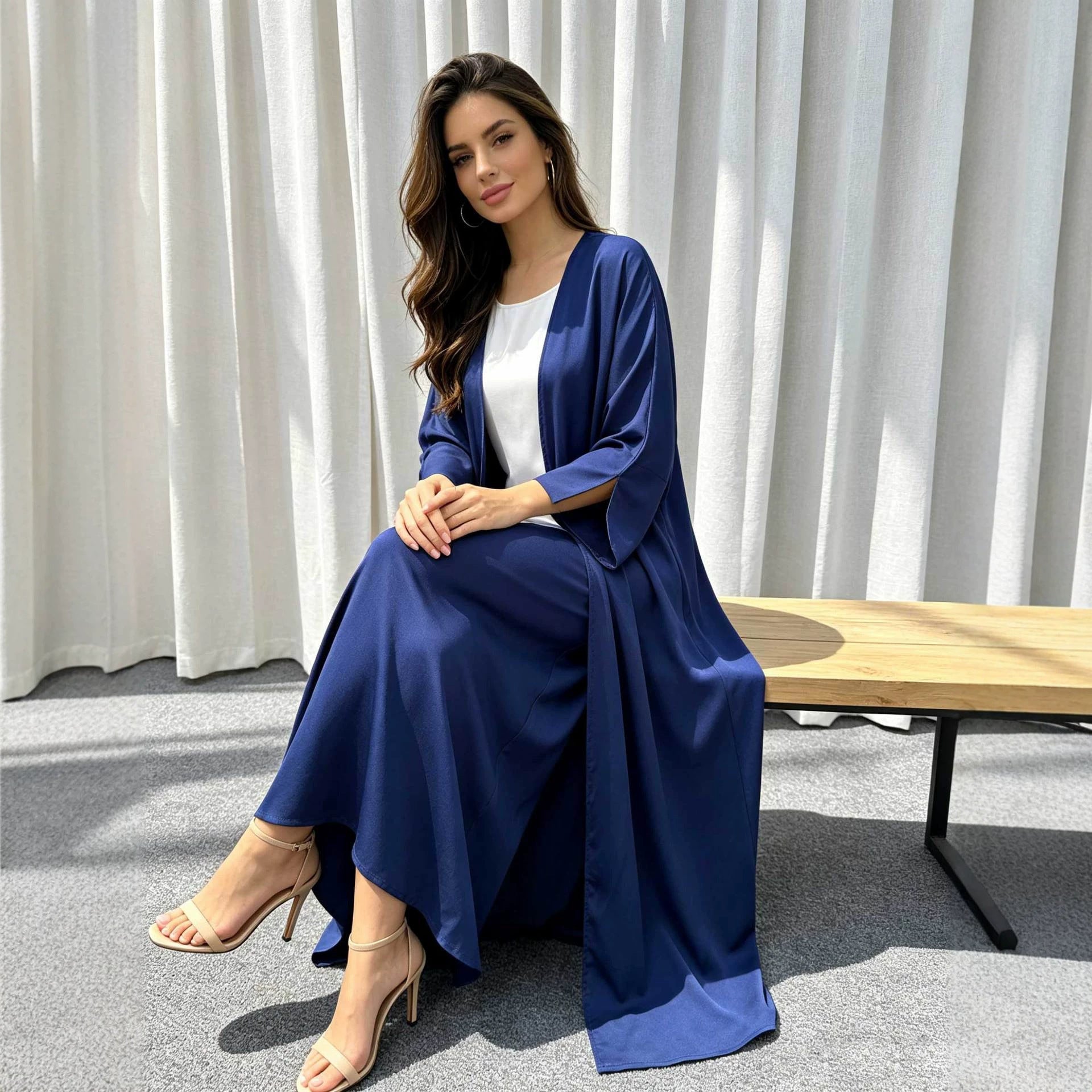 Silky Satin Batwing Sleeve Open Abaya Cardigan Modest Long Maxi Kimono Robe for Muslim Women Eid Ramadan Party One Size