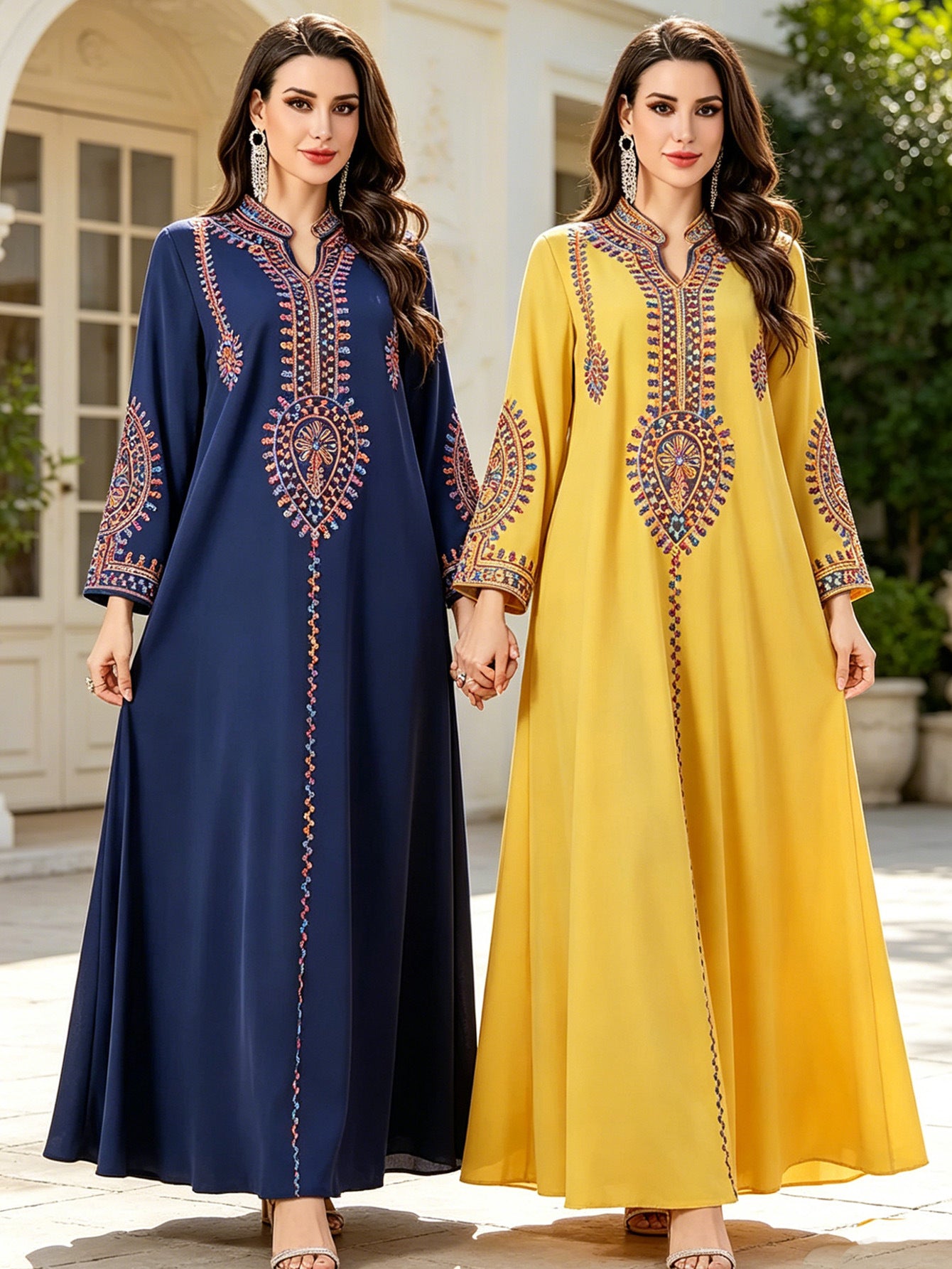 Cord Embroidered Ethnic Kaftan Robe Dress Jalabiya Modest Long Maxi Gown for Muslim Women Eid Ramadan Celebration S-XXL