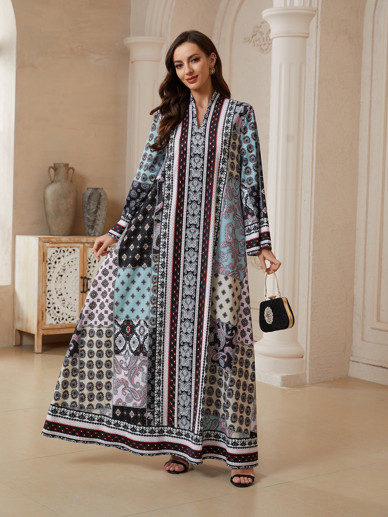 Floral V-Neck Long Sleeve Abaya - Modest Muslim Dress Ramadan Eid
