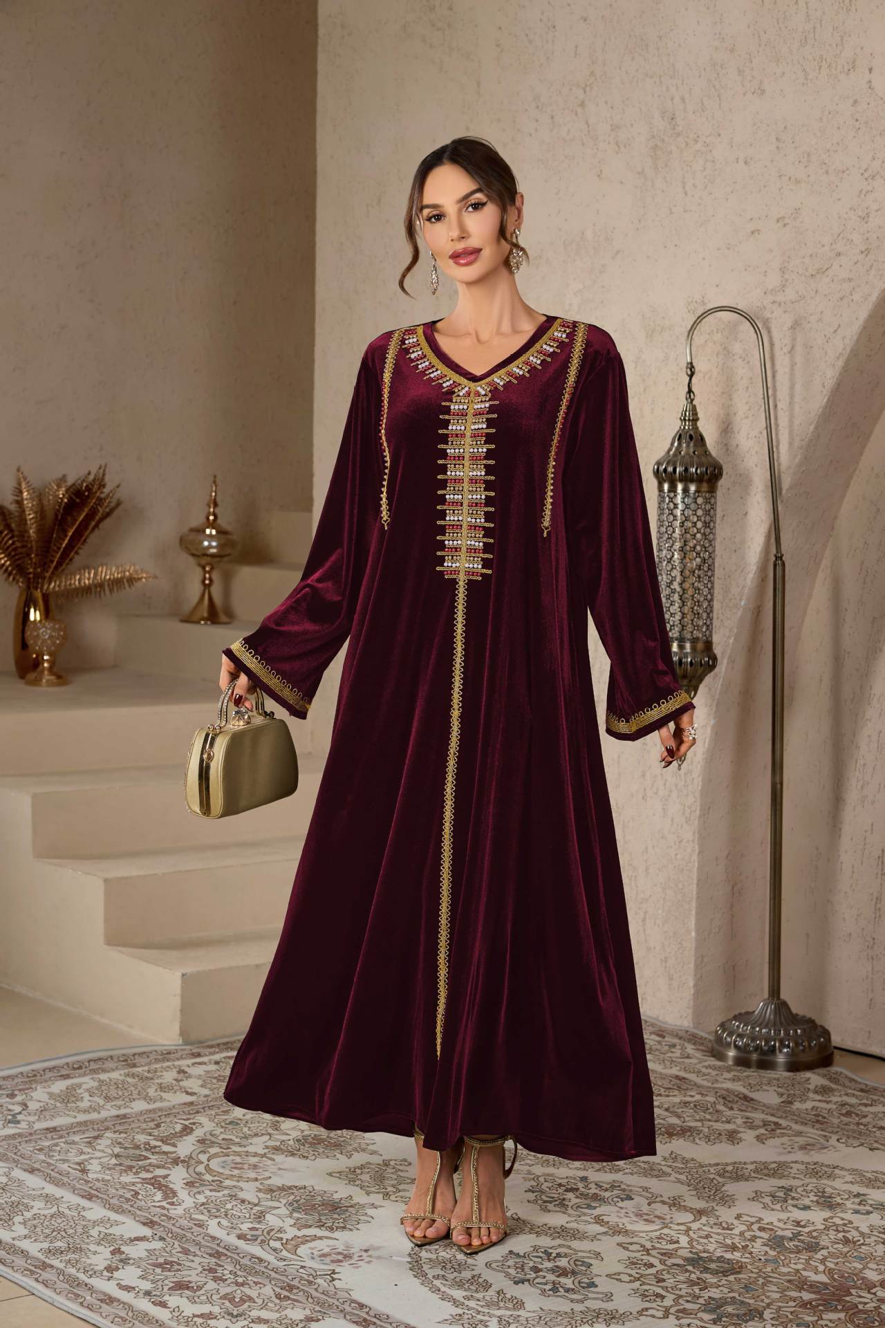 V-Neck Floral Embroidered Kaftan Dress Jalabiya Modest Long Maxi Dress for Muslim Women Eid Ramadan Formal Party S-XXL