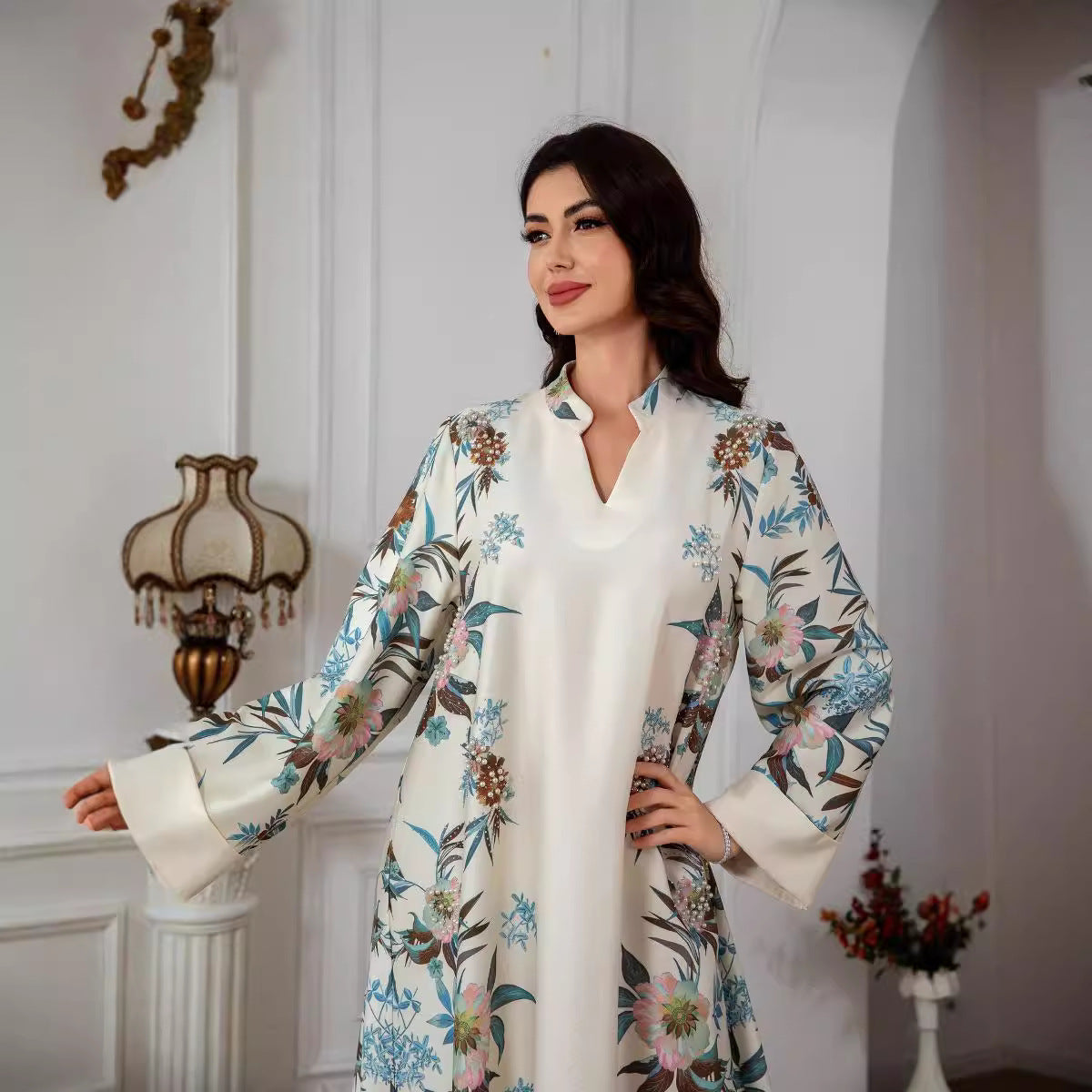 Serene Off White Floral Kaftan – Modest Muslim Maxi Dress