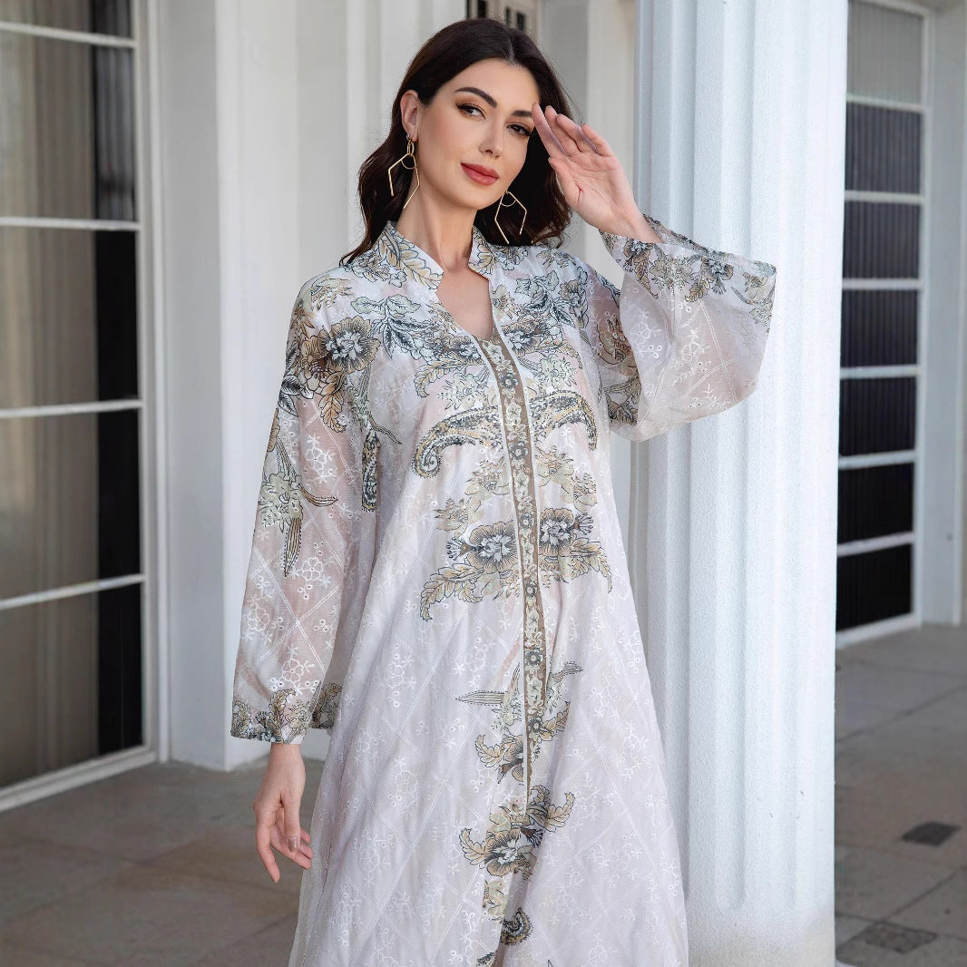 Light Grey Mandarin Collar Abaya - Printed Rhinestone Modest Robe