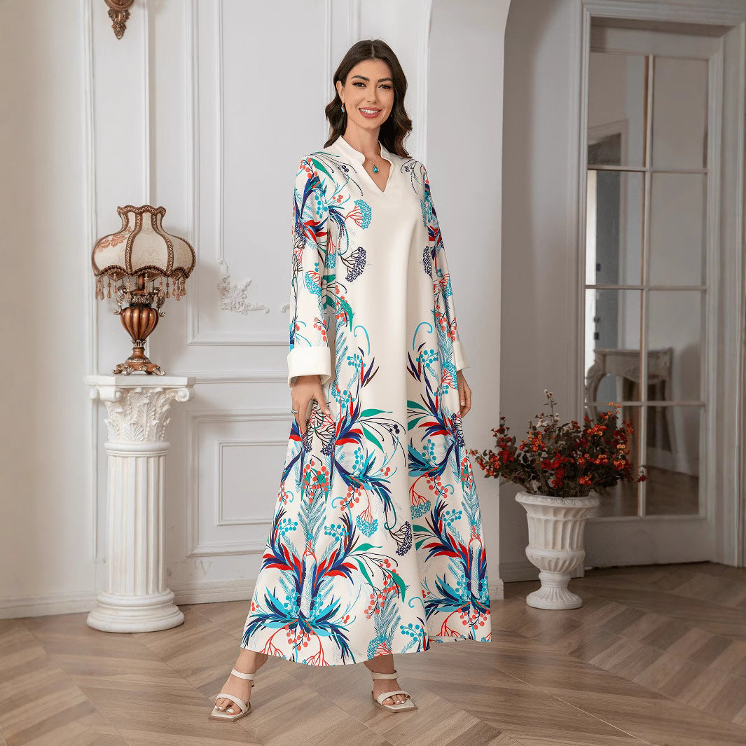 Refined Apricot Floral Print Kaftan – Bohemian Muslim Maxi Dress