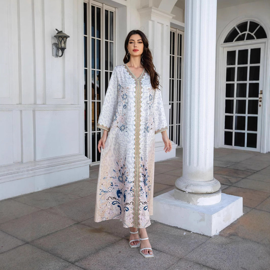 White Lace-Trim Beaded Abaya Robe - Modest Muslim Dress Women