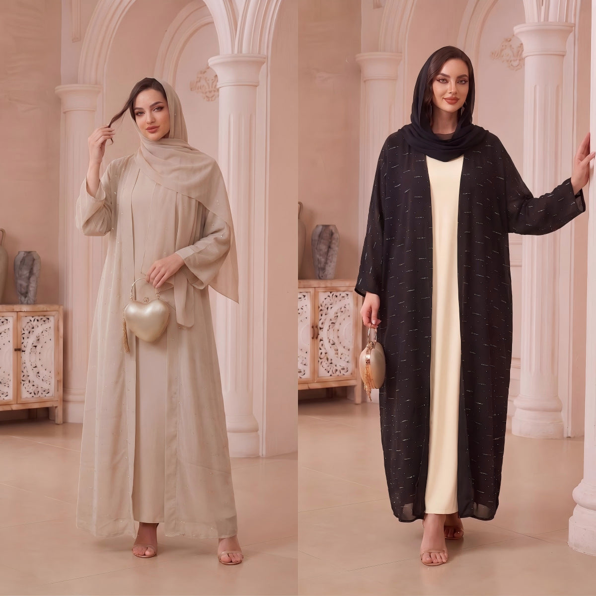 Apricot Black V-Neck Beaded Open Abaya with Hijab Set