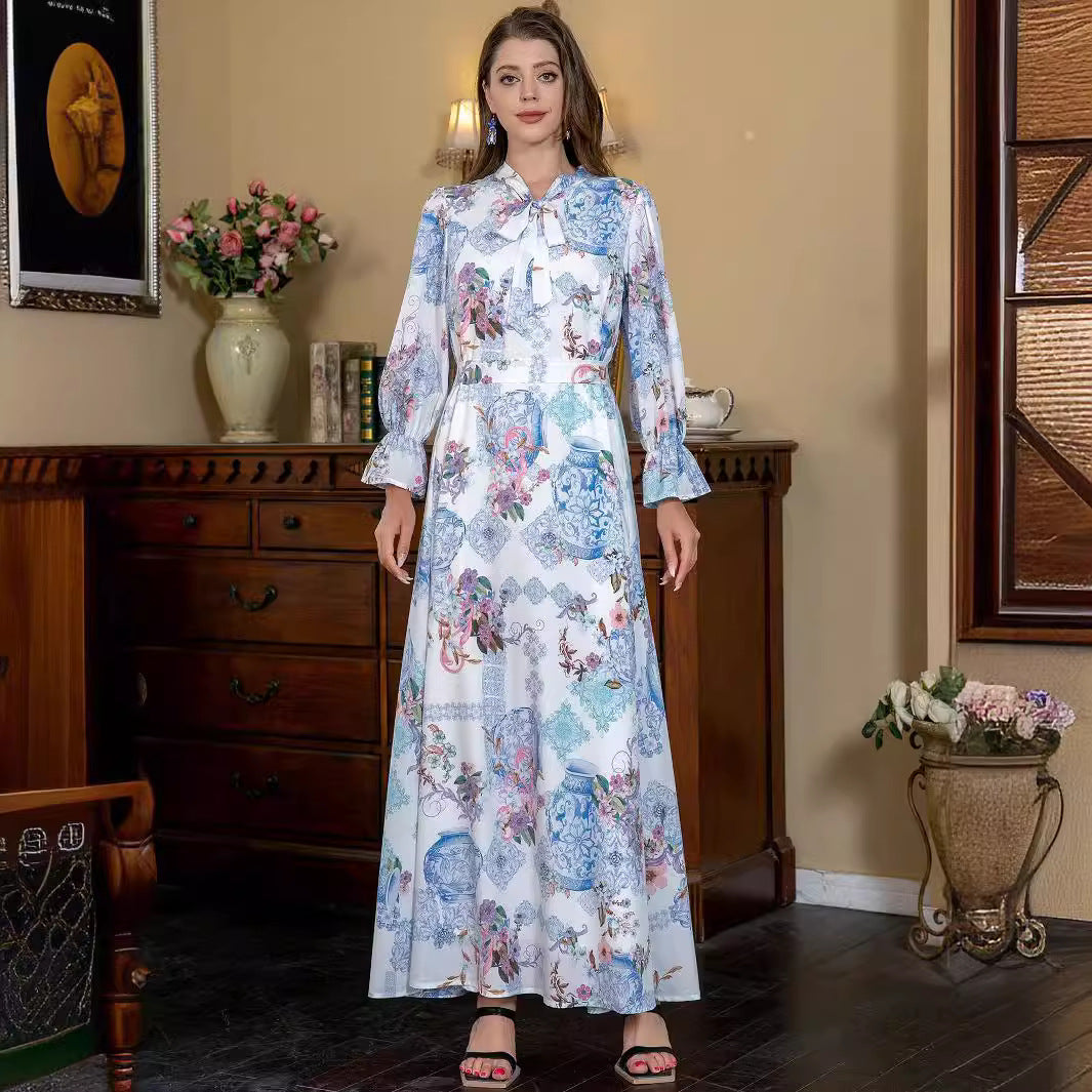 Sky Blue Slim Fit Abaya - Printed Modest Long Dress for Women