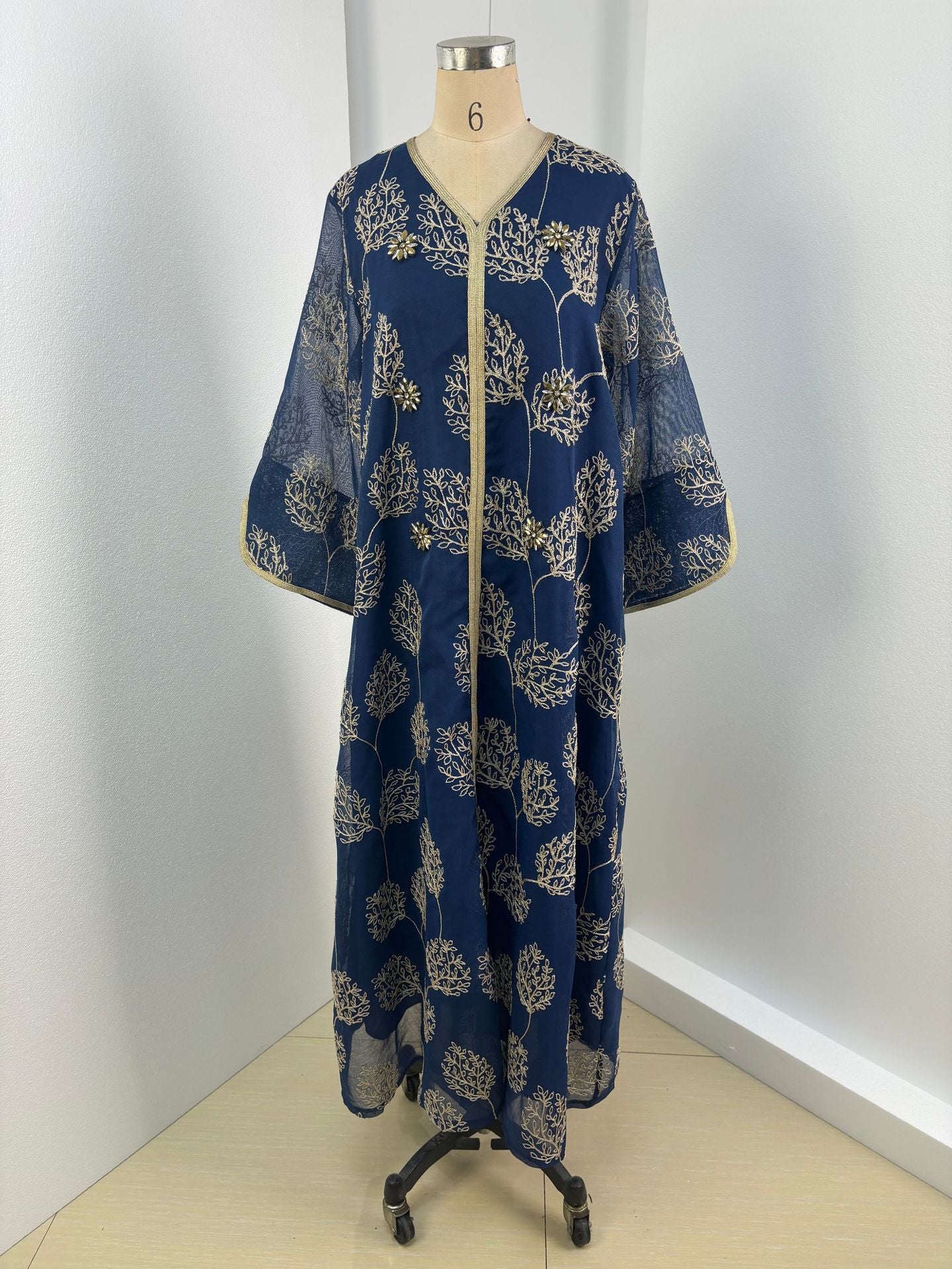 Pan-Arab Retro Botanical Modest Open Robe Light Sheer Navy Fabric Hand-Stitched Leaf Motifs Wide Flared Sleeves Unfitted Floor Silhouette