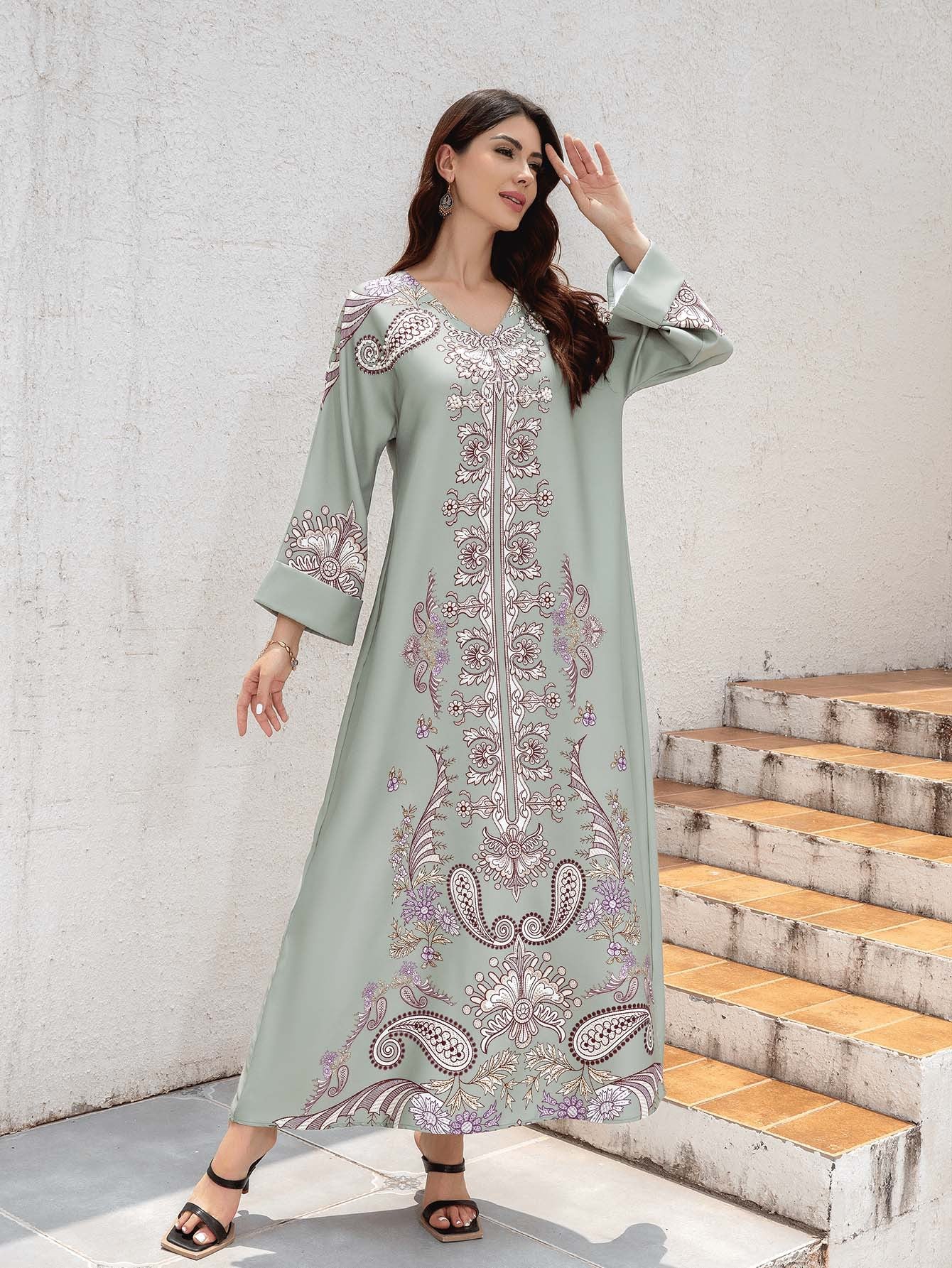 Silver Rhinestone V-Neck Printed Abaya Dress - Turn-Back Sleeve Modest Maxi