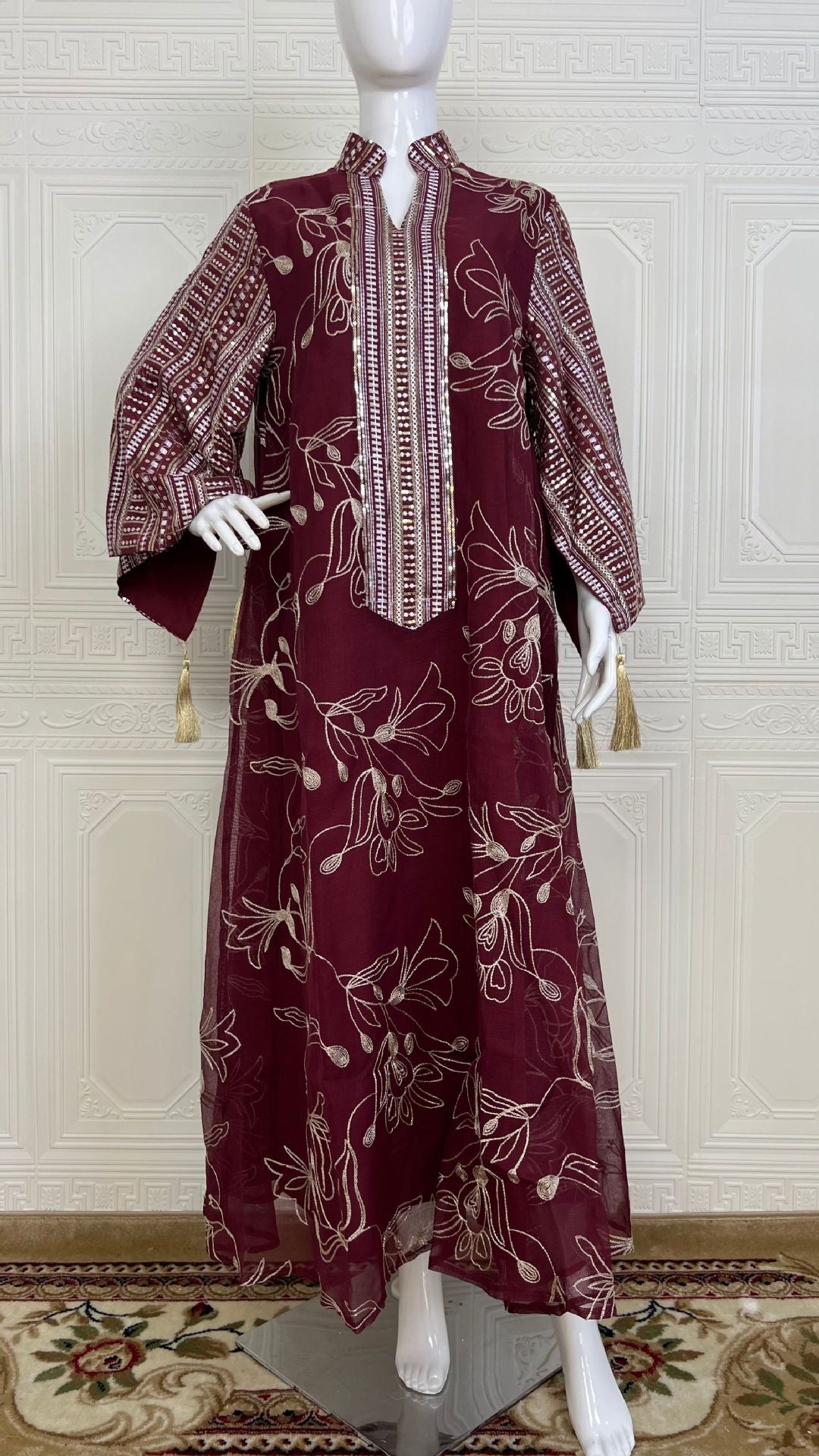 Sage Green Nude Burgundy 3 Tone Embroidered Muslim Maxi Dress Sequin Sleeve Flowy Chiffon Ramadan Vacation Robe