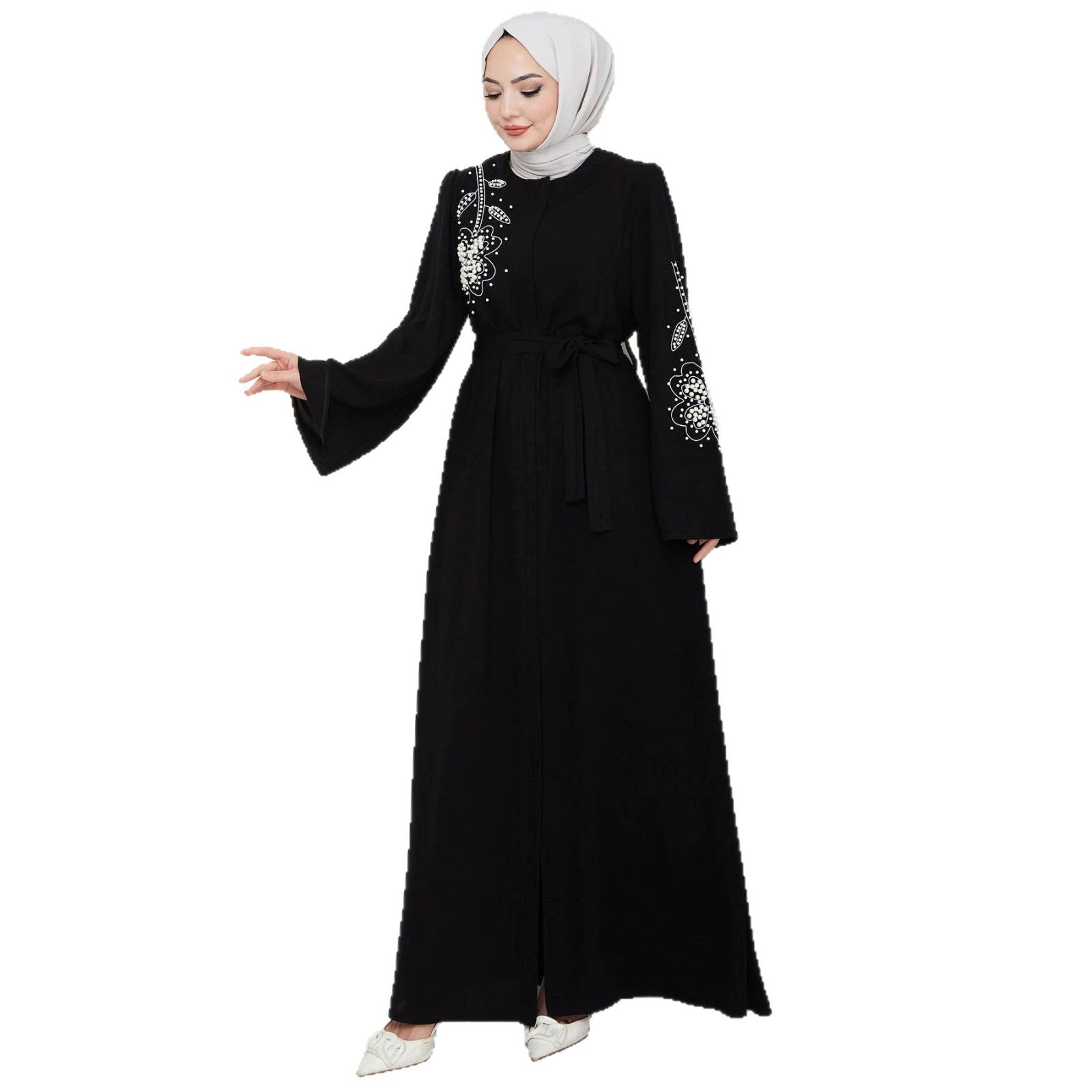 Black Zippered Embroidered Open Outerwear Maxi Abaya Dress Jalabiya Modest Long Dress for Eid Ramadan Evening Party Gown S-XXL
