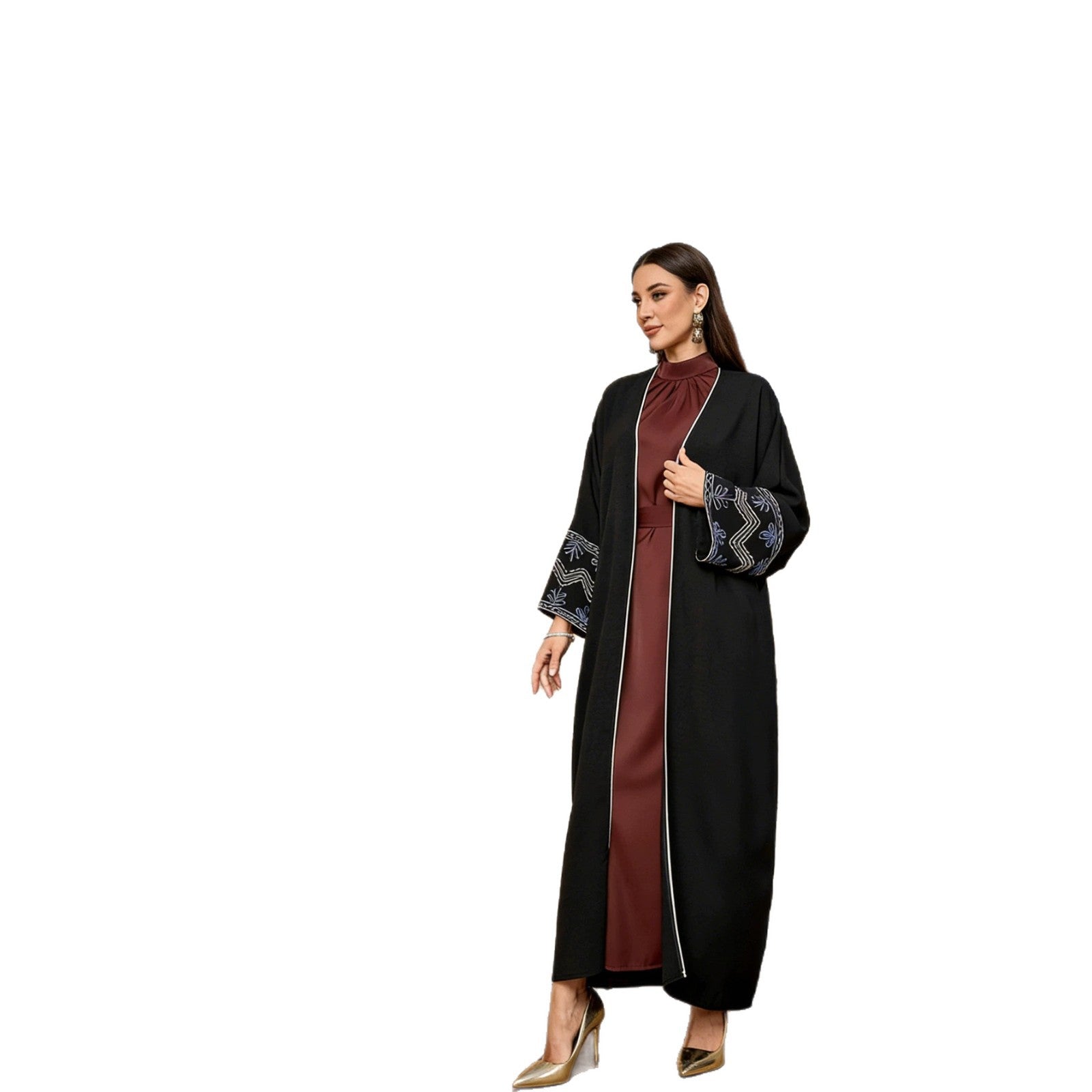 Black Embroidered Open Cardigan Modest Maxi Abaya - Free Size