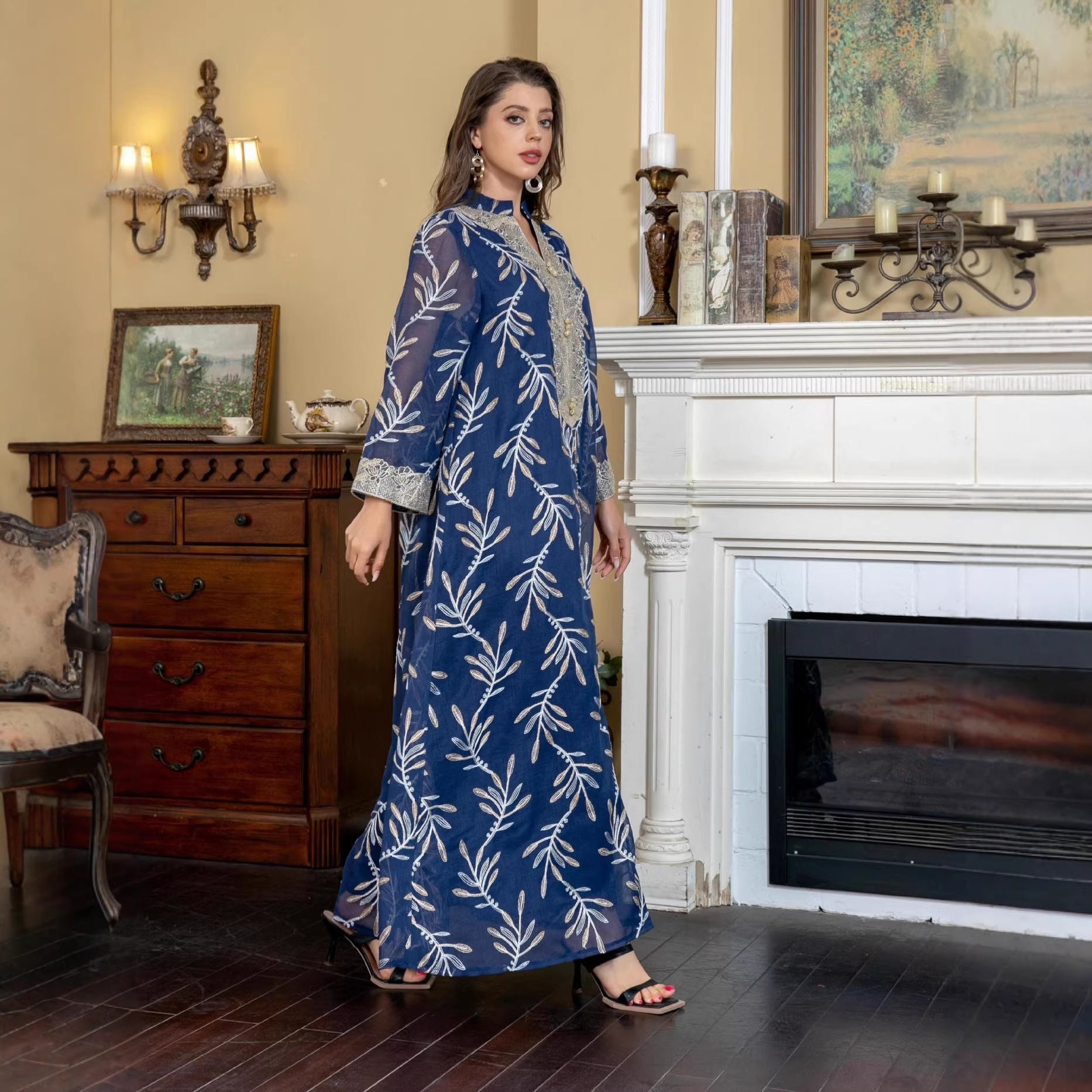 Solid Tone Premium Viral Hijaz Handcrafted Pull-On Modest Tunic Smooth Matte Solid Plain Woven Single Layer Fabric Front Oversized Vibrant Multi-Colored Raised Floral Thread Embellishment Classic Crew Round Standing Neck Oversized Soft Drooping Wide