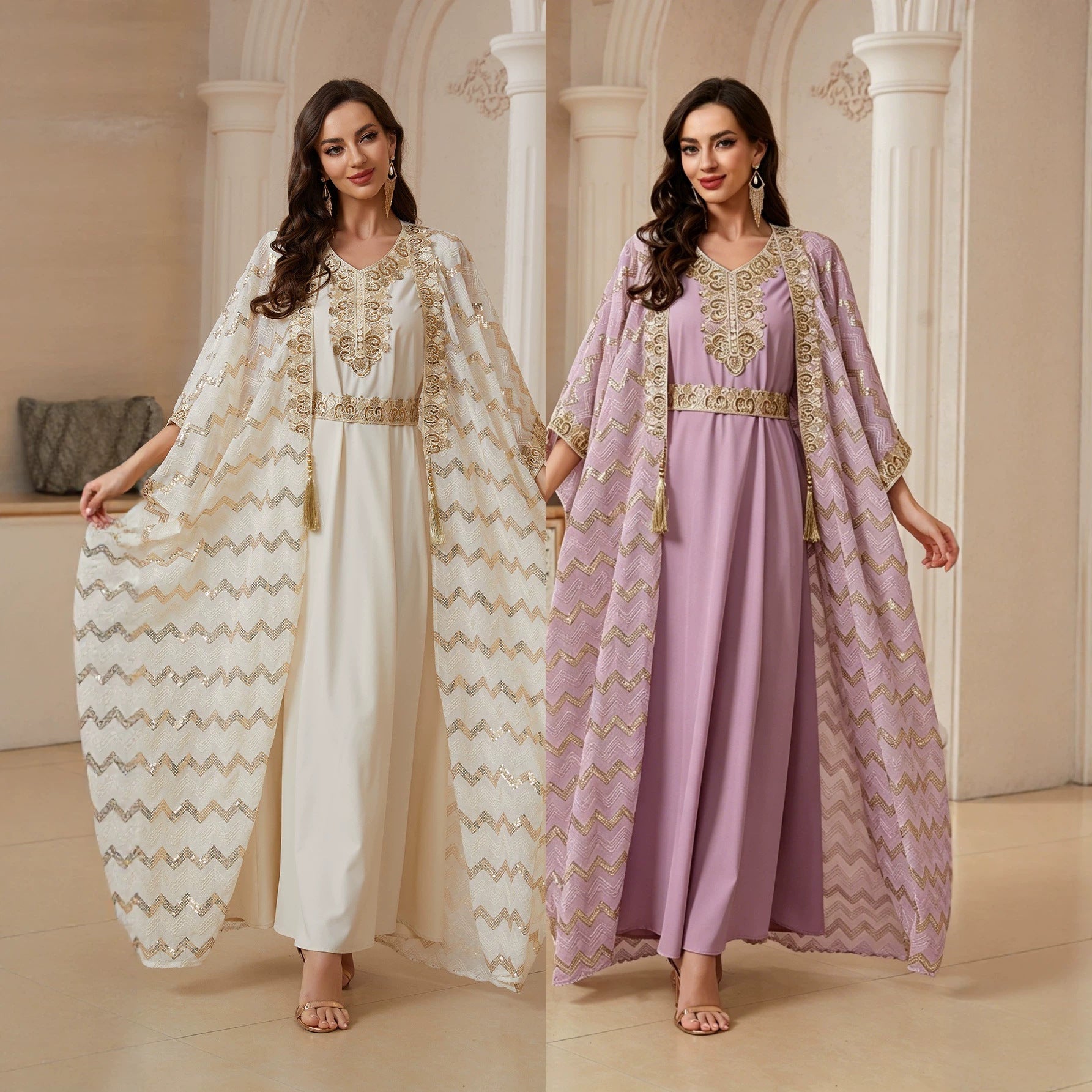 Cream & Lavender Two Piece Abaya Set Handcrafted Gold Embroidery Moroccan Evening Kaftan