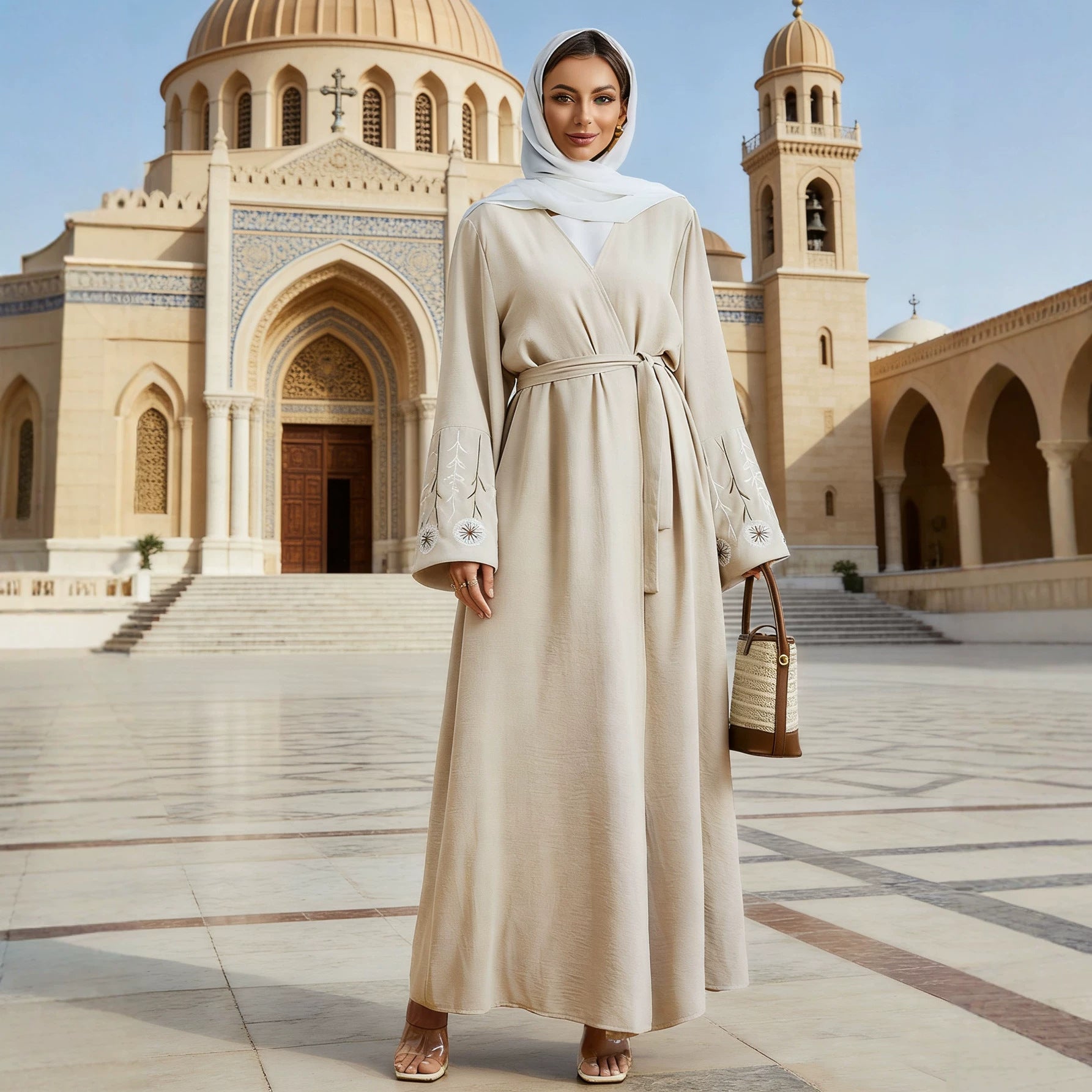 Elegant Belted Embroidered Open Cardigan Modest Maxi Dress with Hijab Muslim Women Abaya Jalabiya Kaftan Set for Ramadan