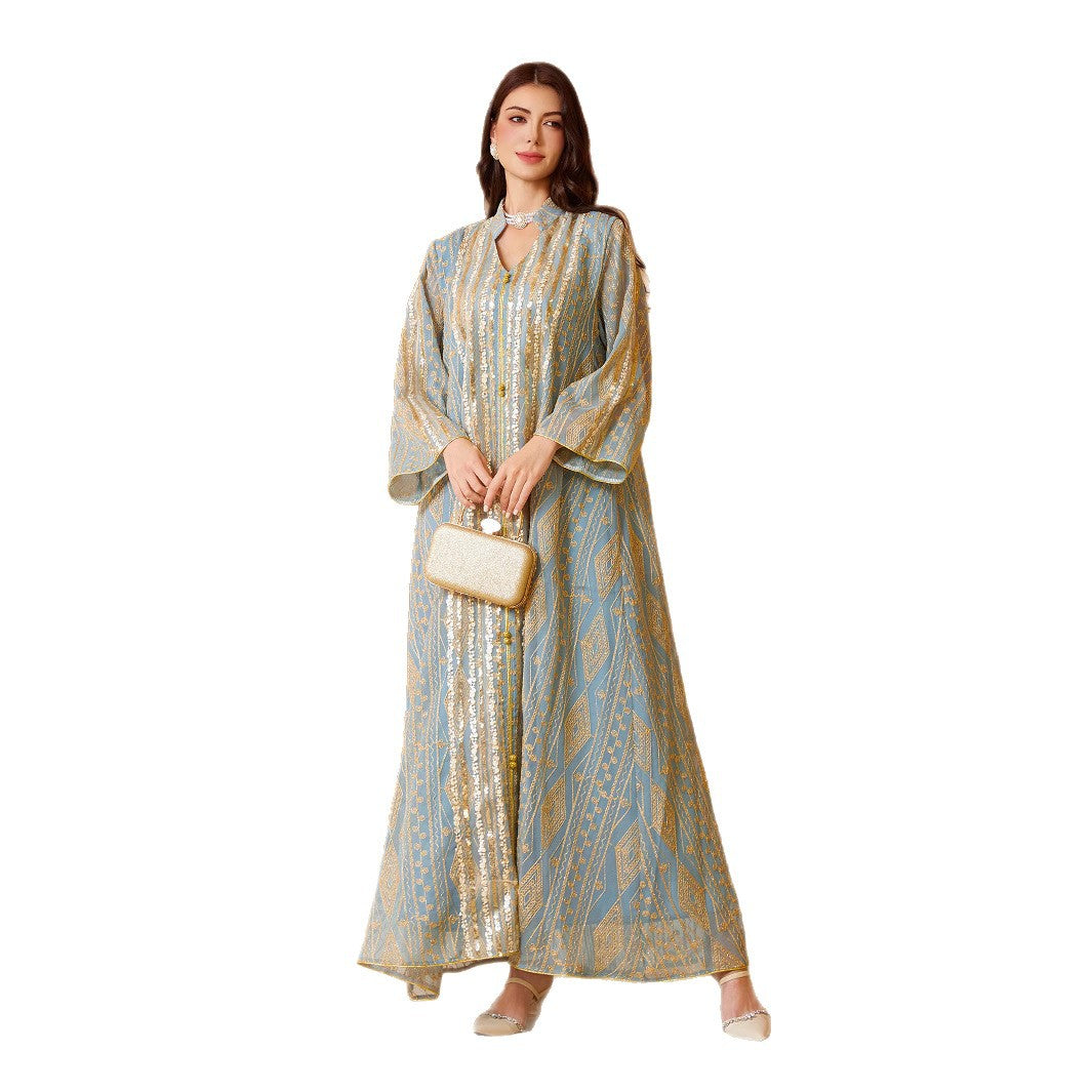 Graceful Two-Tone Sequin Beaded Maxi Abaya Gown Muslim Eid Ramadan