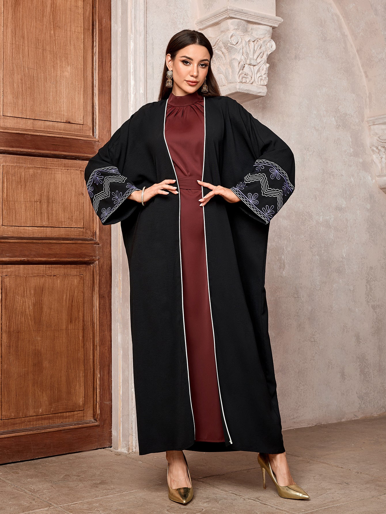 Vintage Embroidered Long Robe Abaya Cardigan Modest Maxi Dress Jalabiya for Muslim Women Eid Ramadan Prayer Wear One Size