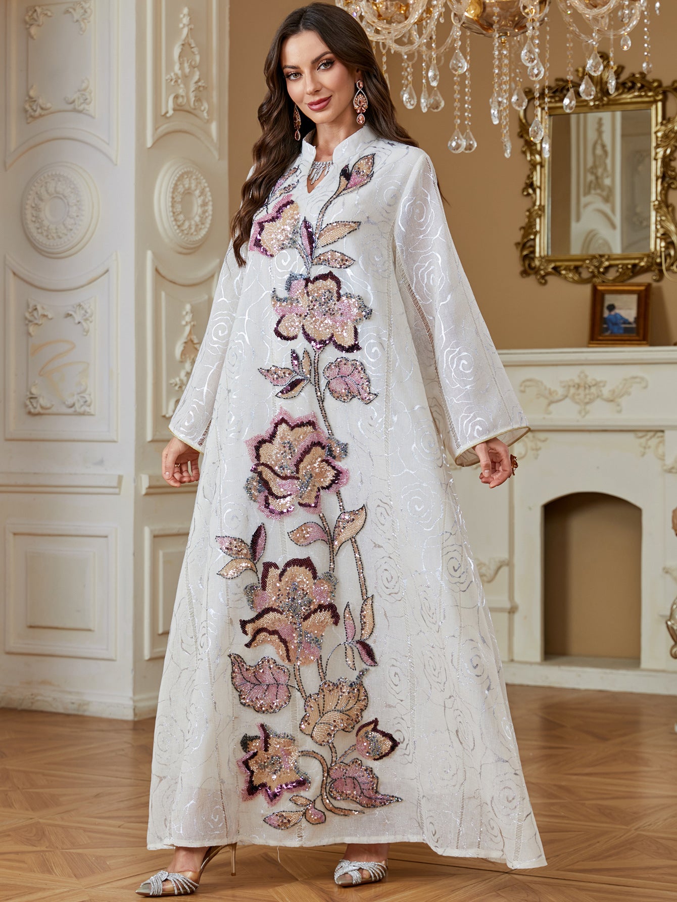 Women Stand Collar White Abaya Subtle Rose Jacquard Fabric Vertical Large Floral Sequin Embroidery Loose Wide Sleeve Maxi Kaftan Dress For Wedding Ramadan Formal Gala