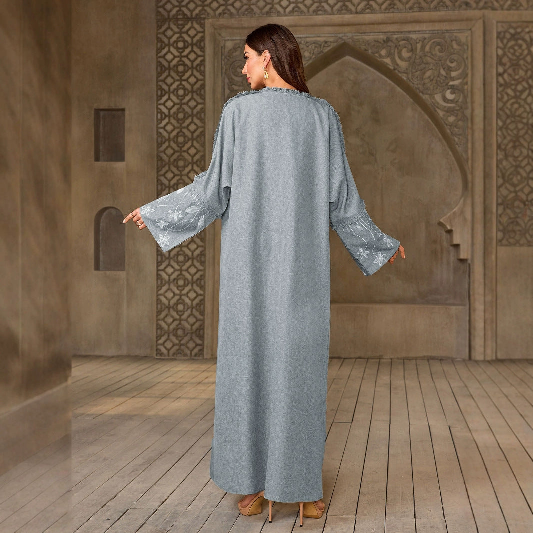 Floral Embroidered Elegant Open Front Abaya Cardigan Modest Long Maxi Dress Gown for Muslim Women Eid Ramadan Banquet M-L