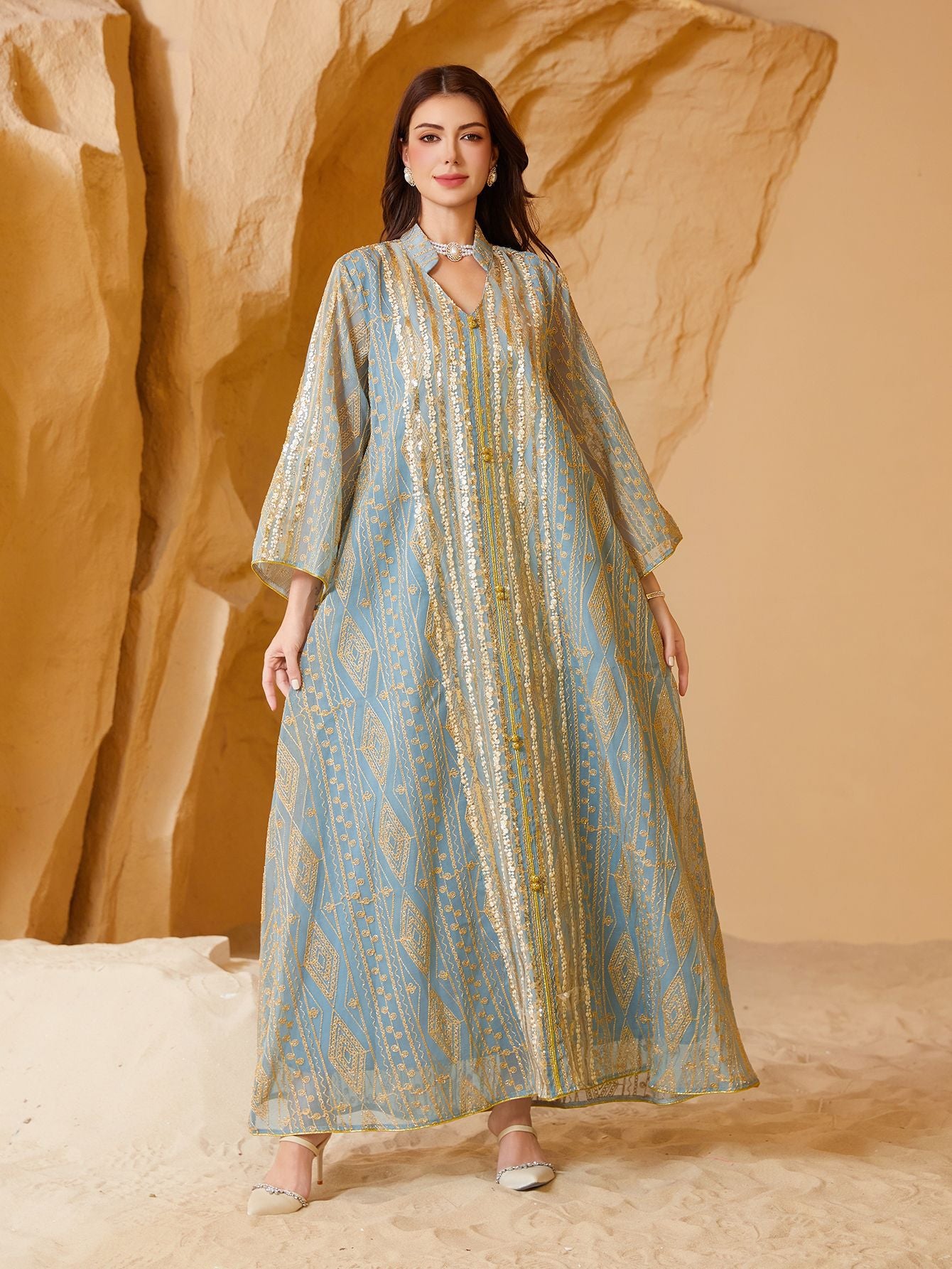 Graceful Two-Tone Sequin Beaded Maxi Abaya Gown Muslim Eid Ramadan