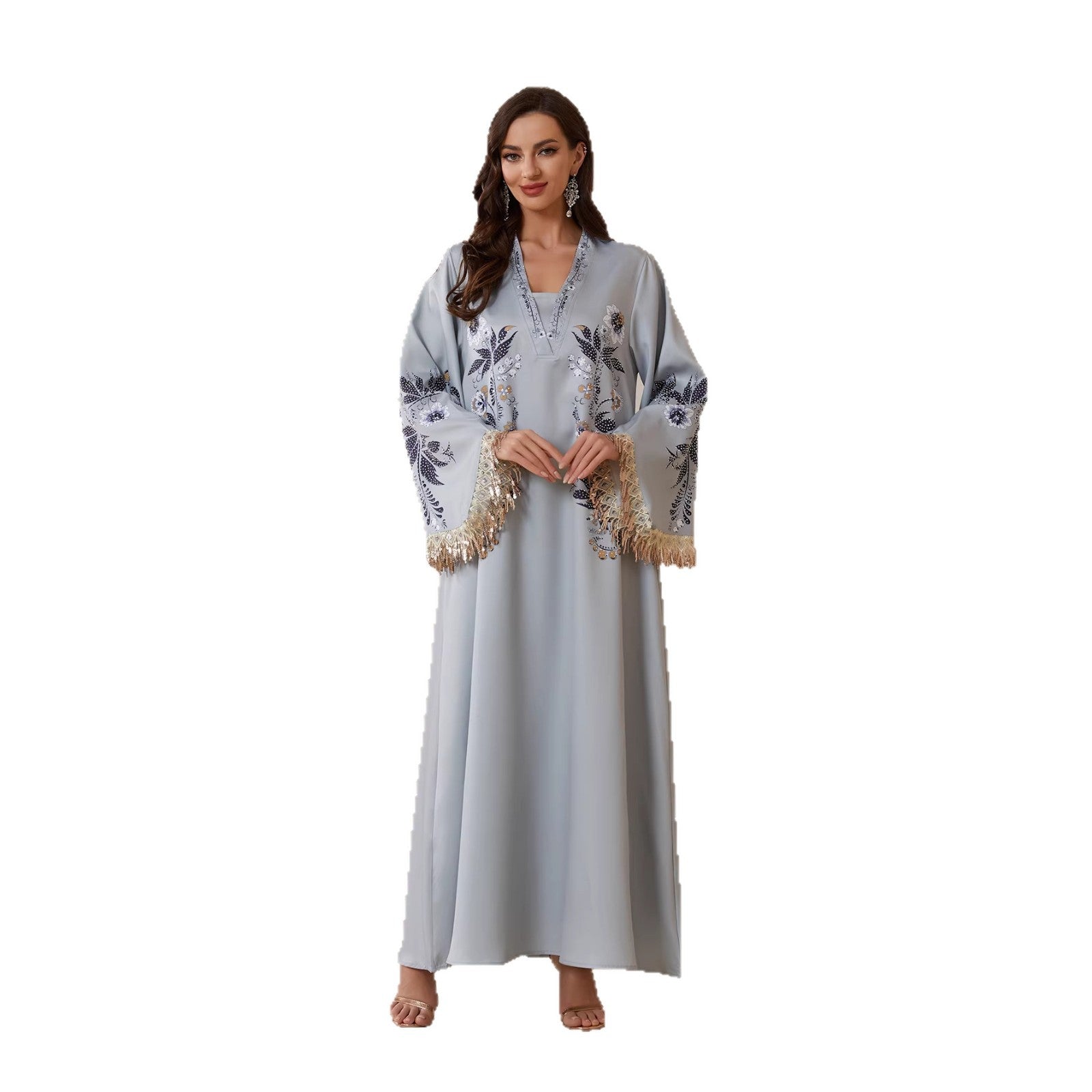 Serene Silver Printed Abaya – Casual Loose Modest Maxi Dress