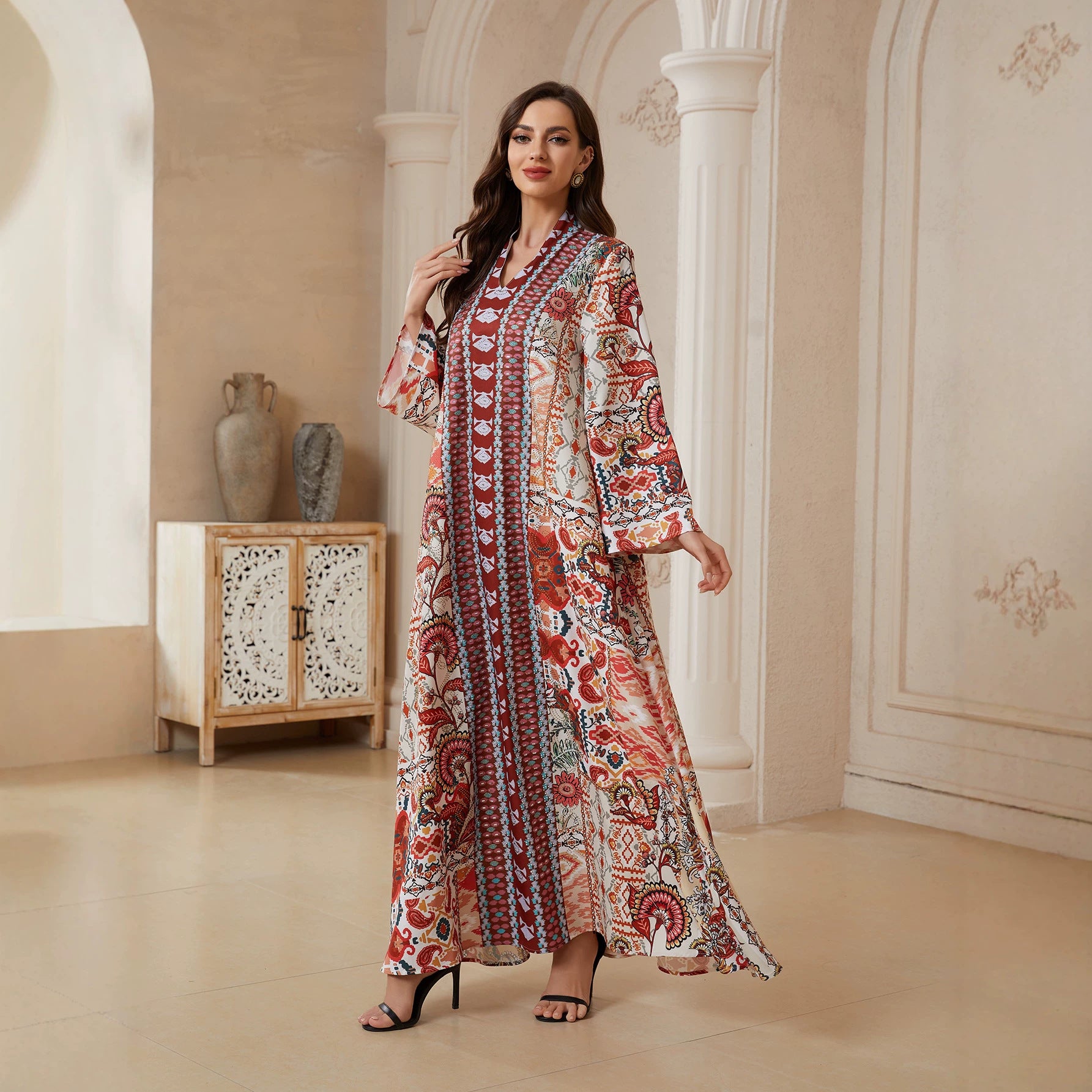 Floral V-Neck Plus Size Maxi Dress - Loose Summer Muslim Gown
