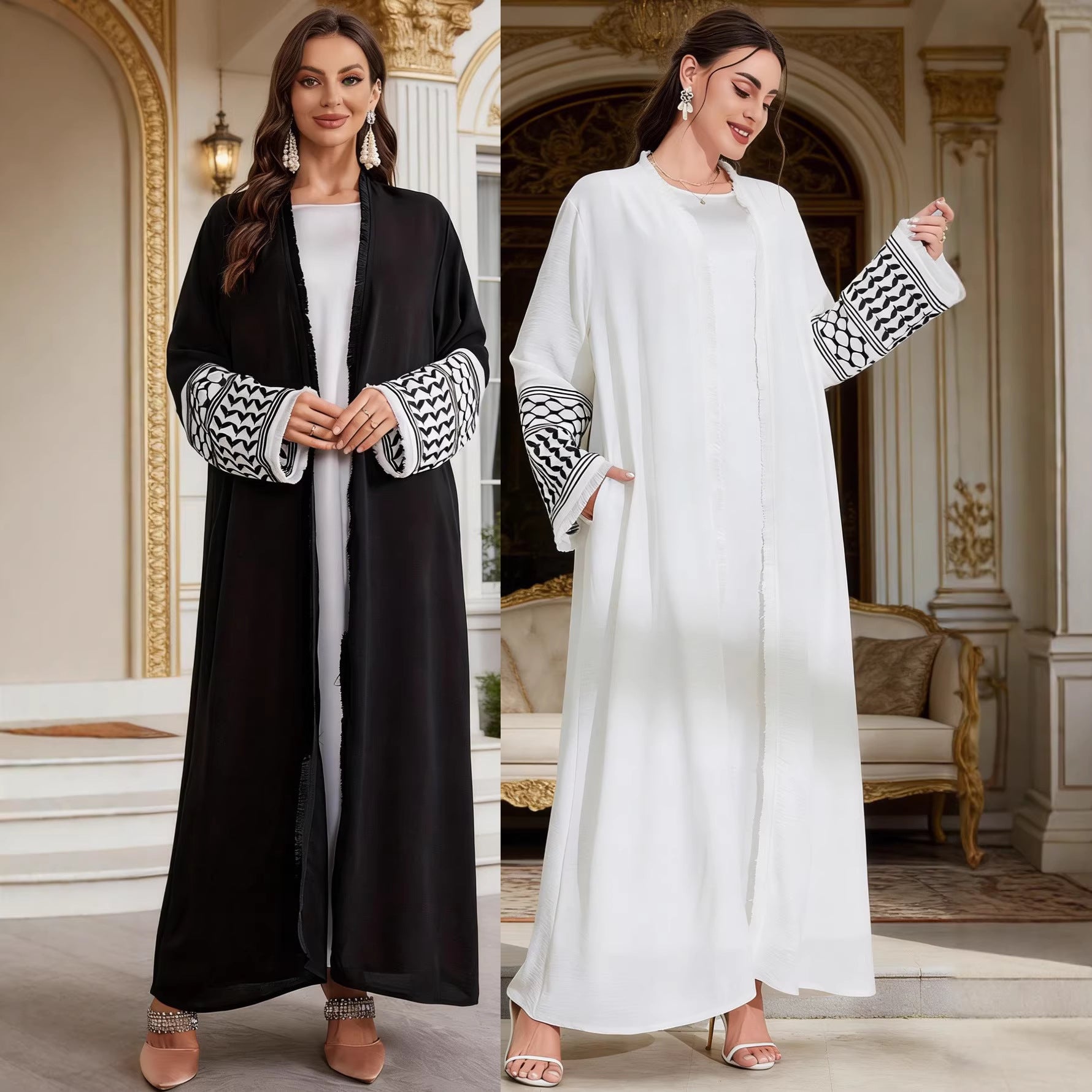 Elegant Embroidered Pocket Open-Front Cardigan Belted Abaya Maxi Dress Muslim Women Modest Long Jalabiya Kaftan for Eid