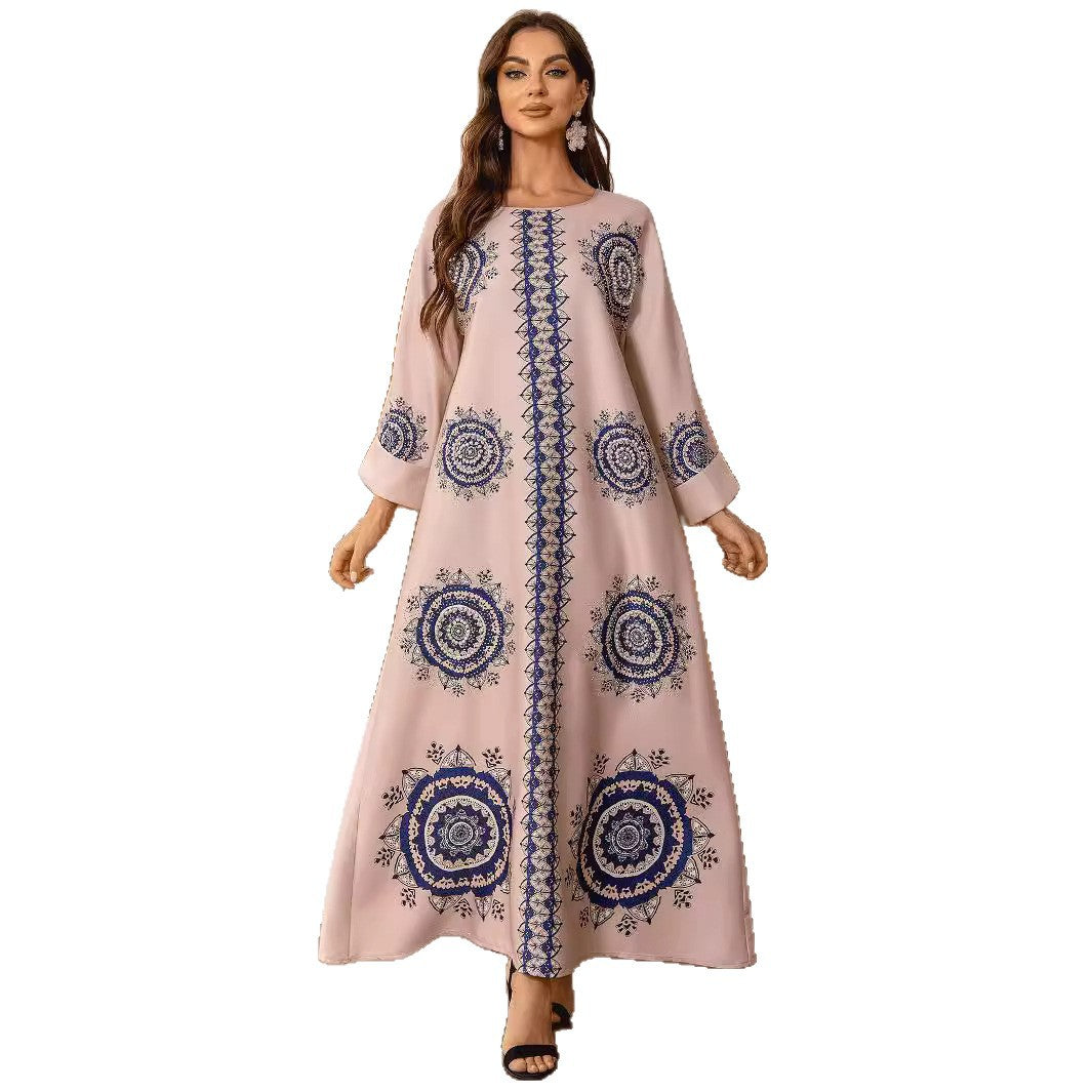 Pink Bohemian Beaded Abaya - Printed Round Neck Modest Long Robe