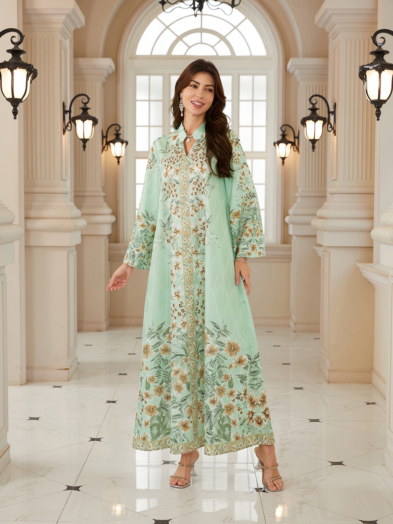 Mint Green Floral Leaf Print Stand Collar Abaya Shiny Rhinestone Embellished V Neck Loose Flare Sleeve Modest Muslim Women Full Length Kaftan For Ramadan Wedding