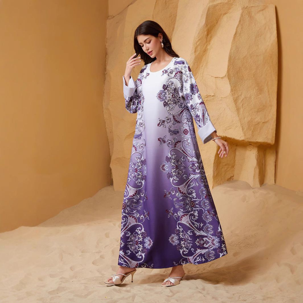 Purple Rhinestone Beaded Round Neck Floral Maxi Abaya Dress
