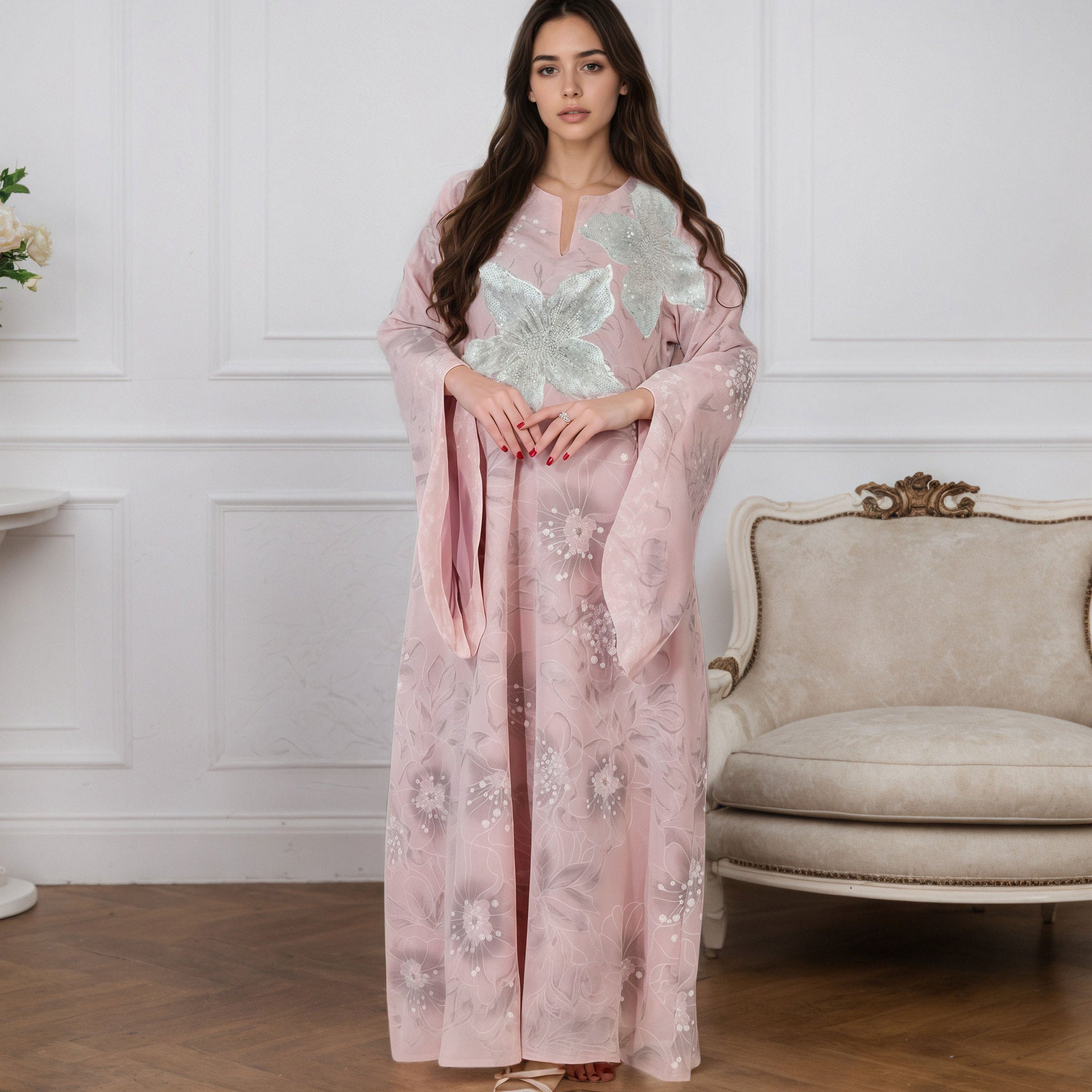 Yellow Pink Heavy Rhinestone Floral Embroidered Gown Batwing Sleeve Jalabiya Modest Long Maxi Dress for Muslim Women Eid Ramadan