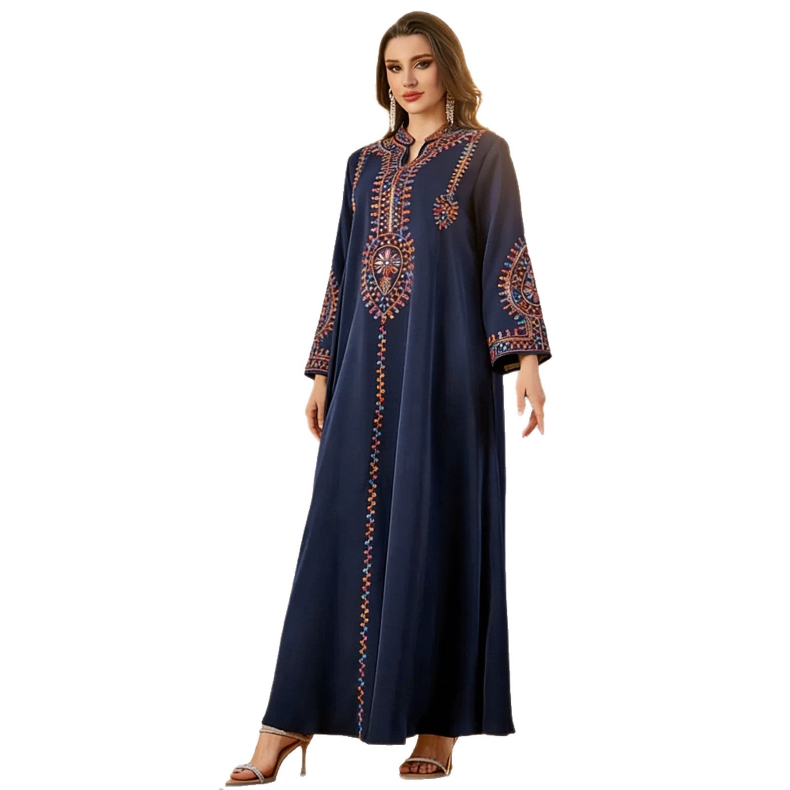 Cord Embroidered Ethnic Kaftan Robe Dress Jalabiya Modest Long Maxi Gown for Muslim Women Eid Ramadan Celebration S-XXL
