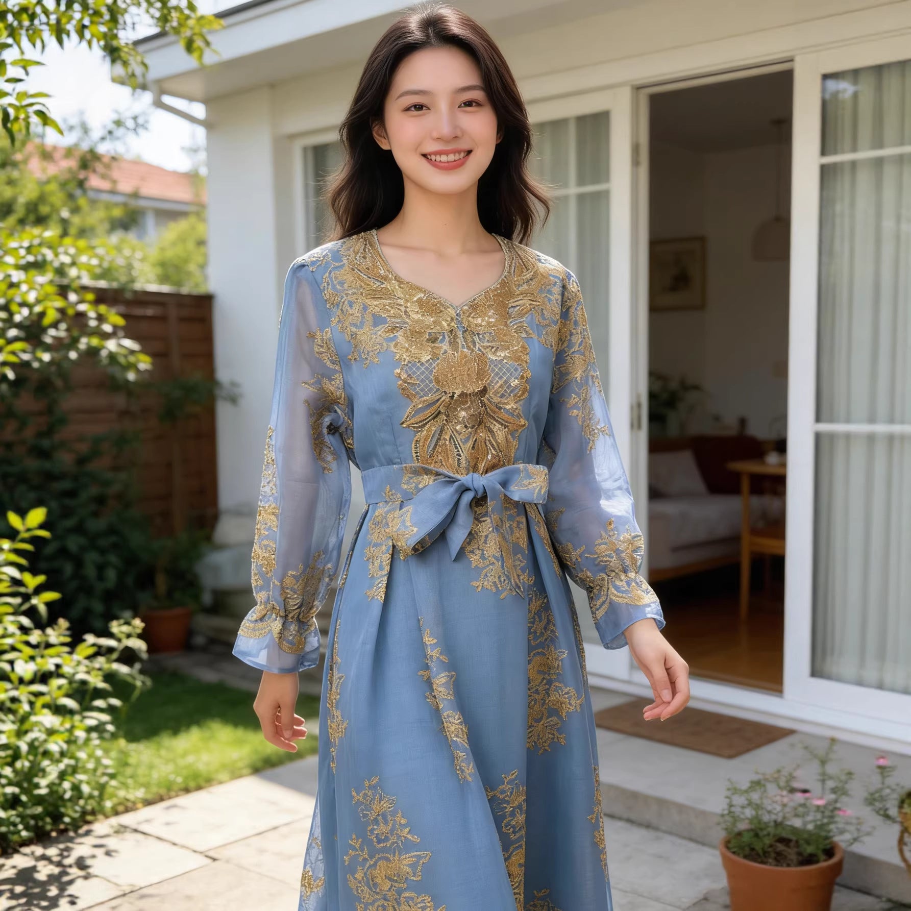 Green and Sky Blue Wedding Embroidered V-Neck Belted Maxi Dress Jalabiya Modest Long Dress for Muslim Women Eid Ramadan Formal Party S-XXL