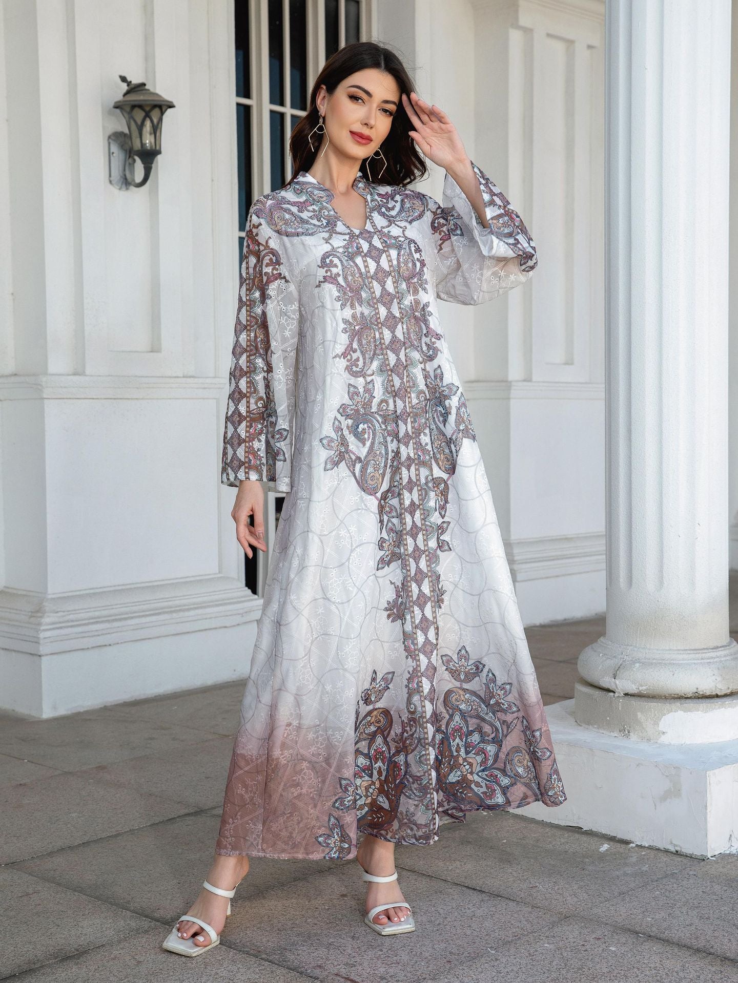 Lotus Pink Embroidered Printed Maxi Abaya - Rhinestone Trim Gown