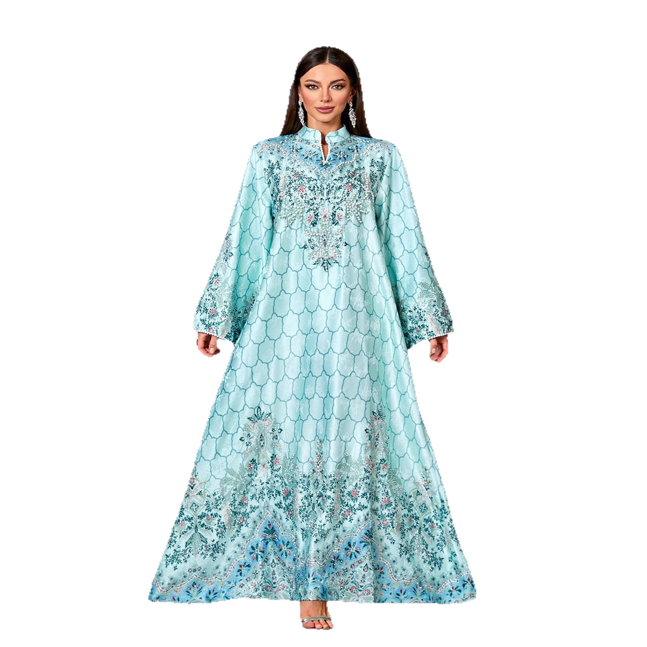 Jacquard Beaded Rhinestone Engineered Print Gown Jalabiya Modest Long Maxi Dress for Muslim Women Eid Ramadan S-XXL