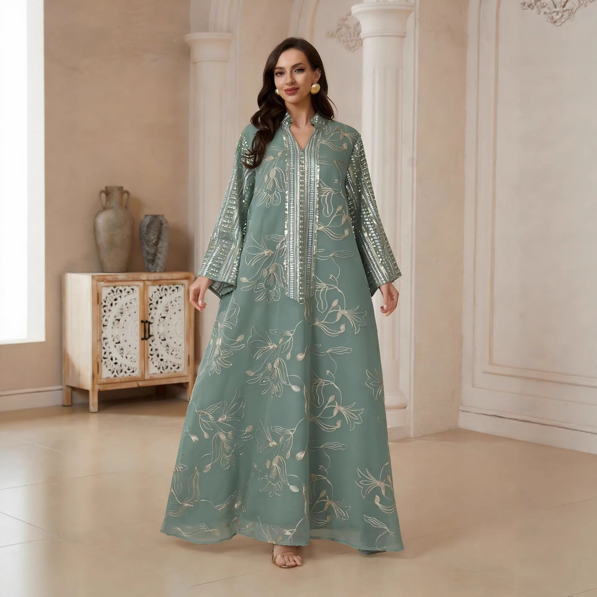 Sage Green Nude Burgundy 3 Tone Embroidered Muslim Maxi Dress Sequin Sleeve Flowy Chiffon Ramadan Vacation Robe
