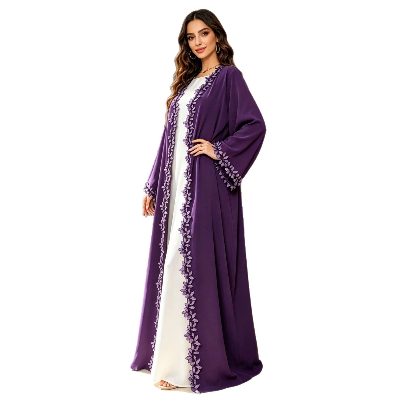 Ribbon Lace Trim Open Front Abaya Cardigan Modest Long Maxi Dress Jalabiya for Muslim Women Eid Ramadan Festive Wear S-XL