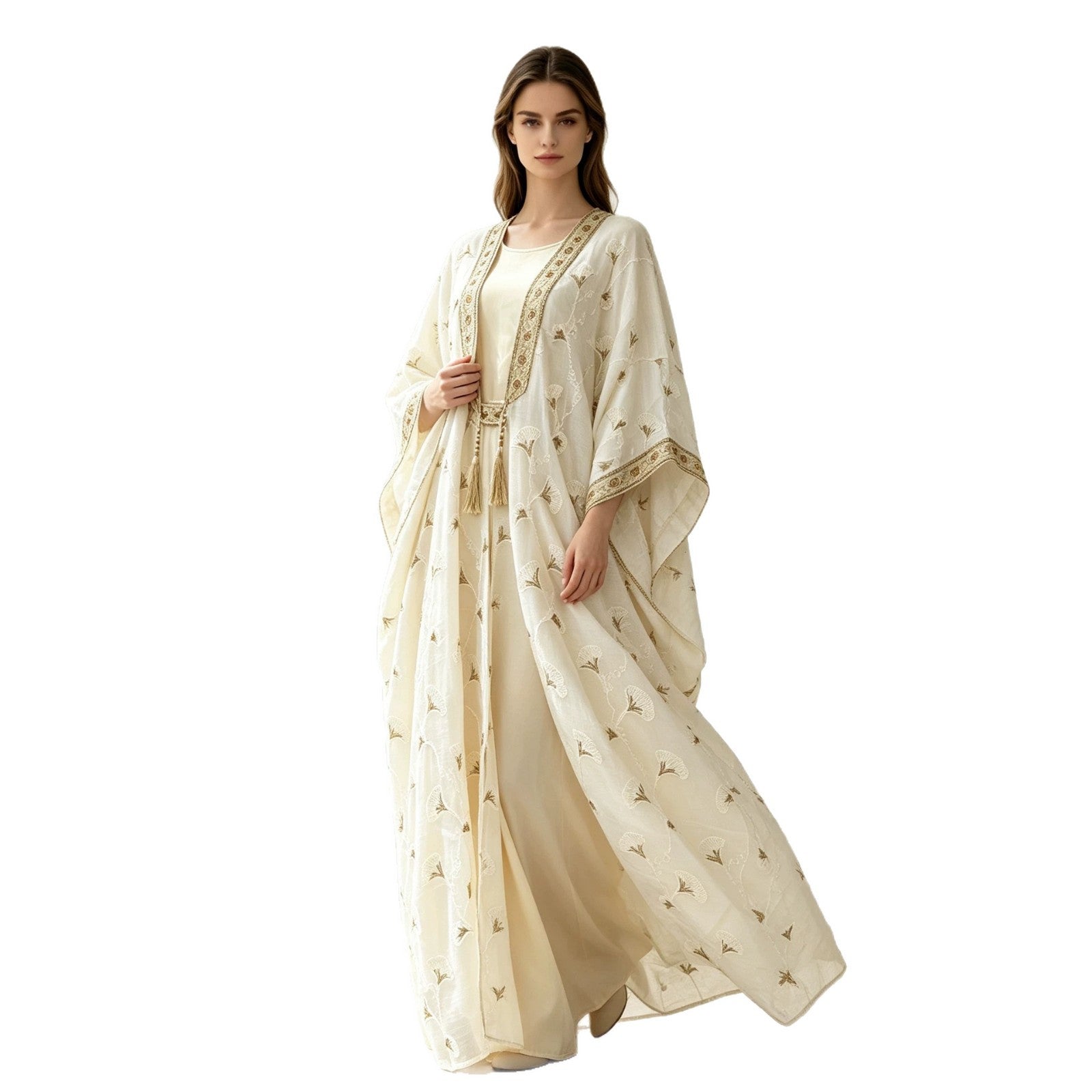 Off White Two-Piece Embroidered Cardigan Vest Set Gown Abaya Modest Long Maxi Dress for Muslim Women Eid Ramadan Kaftan