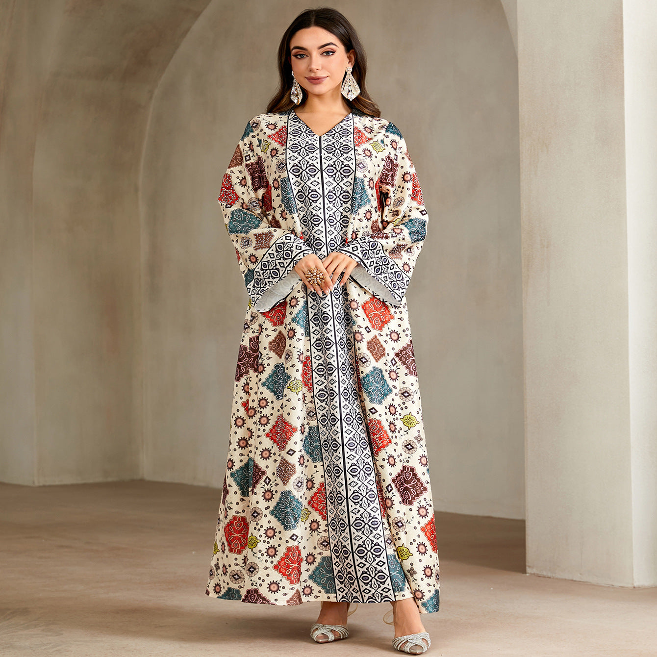 Ethnic Geometric Print Rhinestone Embellished Gown Jalabiya Modest Straight Maxi Dress for Muslim Women Eid Ramadan S-XXL
