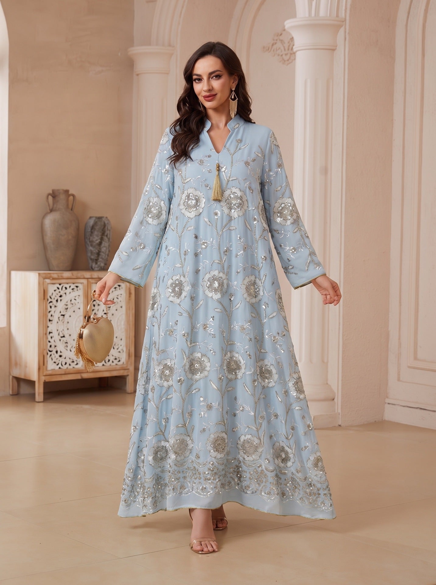 Ivory Wine Light Blue Light Green V-Neck Embroidered Maxi Abaya
