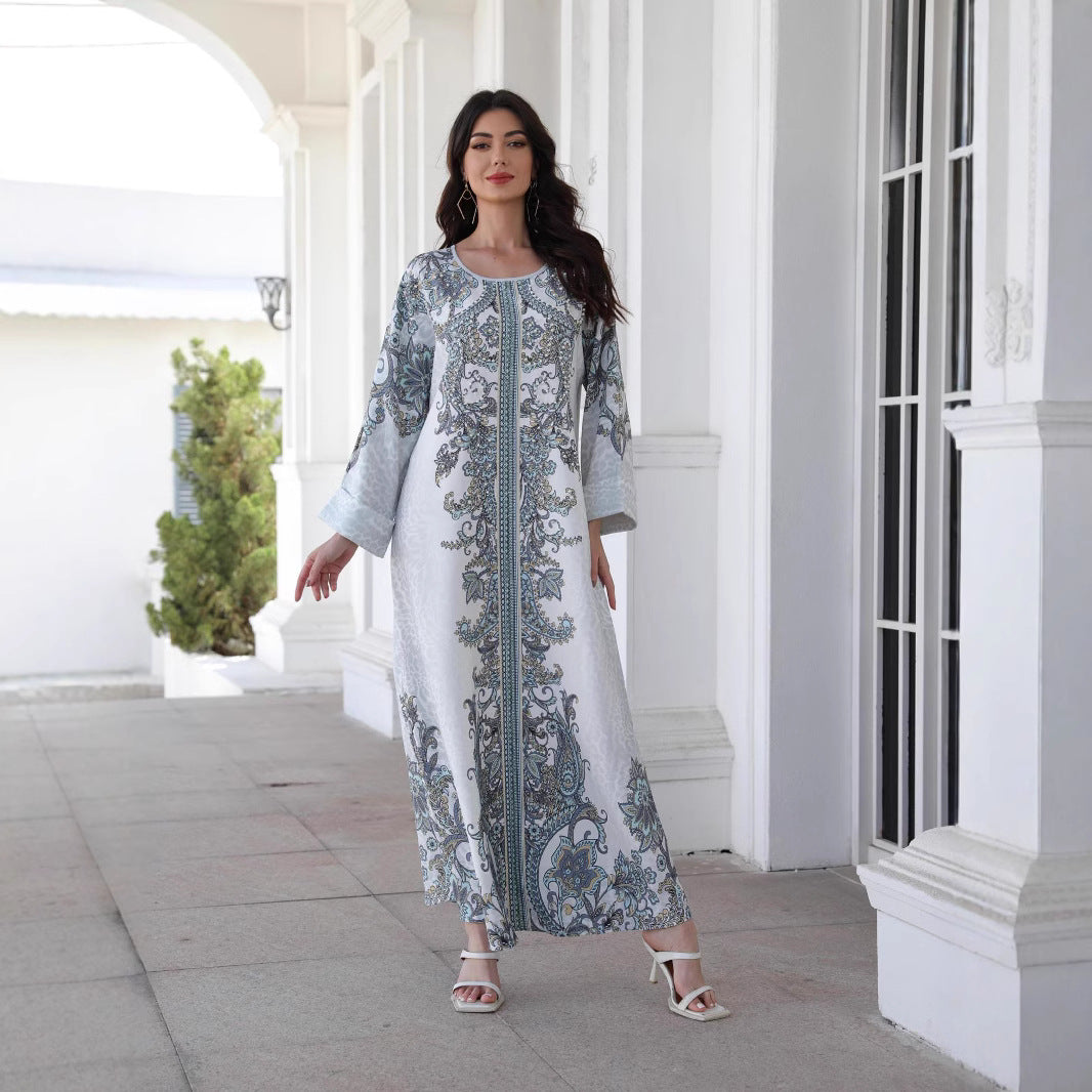 Grey Floral Print Mandarin Collar Rhinestone Plus Size Maxi Abaya