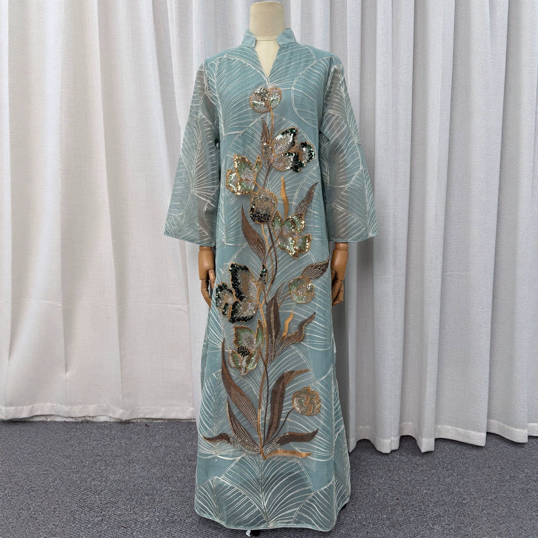 Apricot Emerald Green and Wine Red Leaf Pattern Embroidered Maxi Abaya