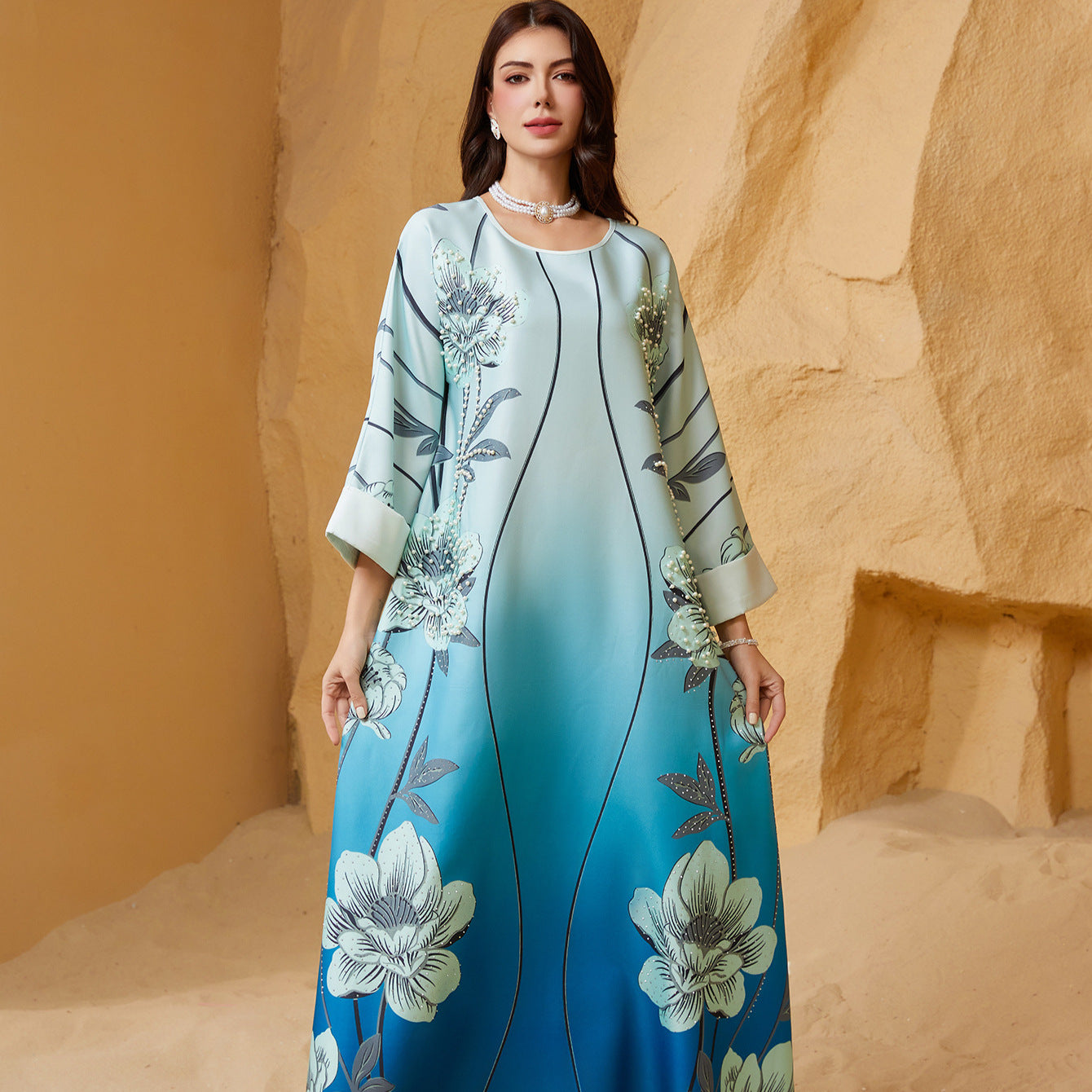 Sky Blue Rhinestone Beaded Round Neck Floral Maxi Dress