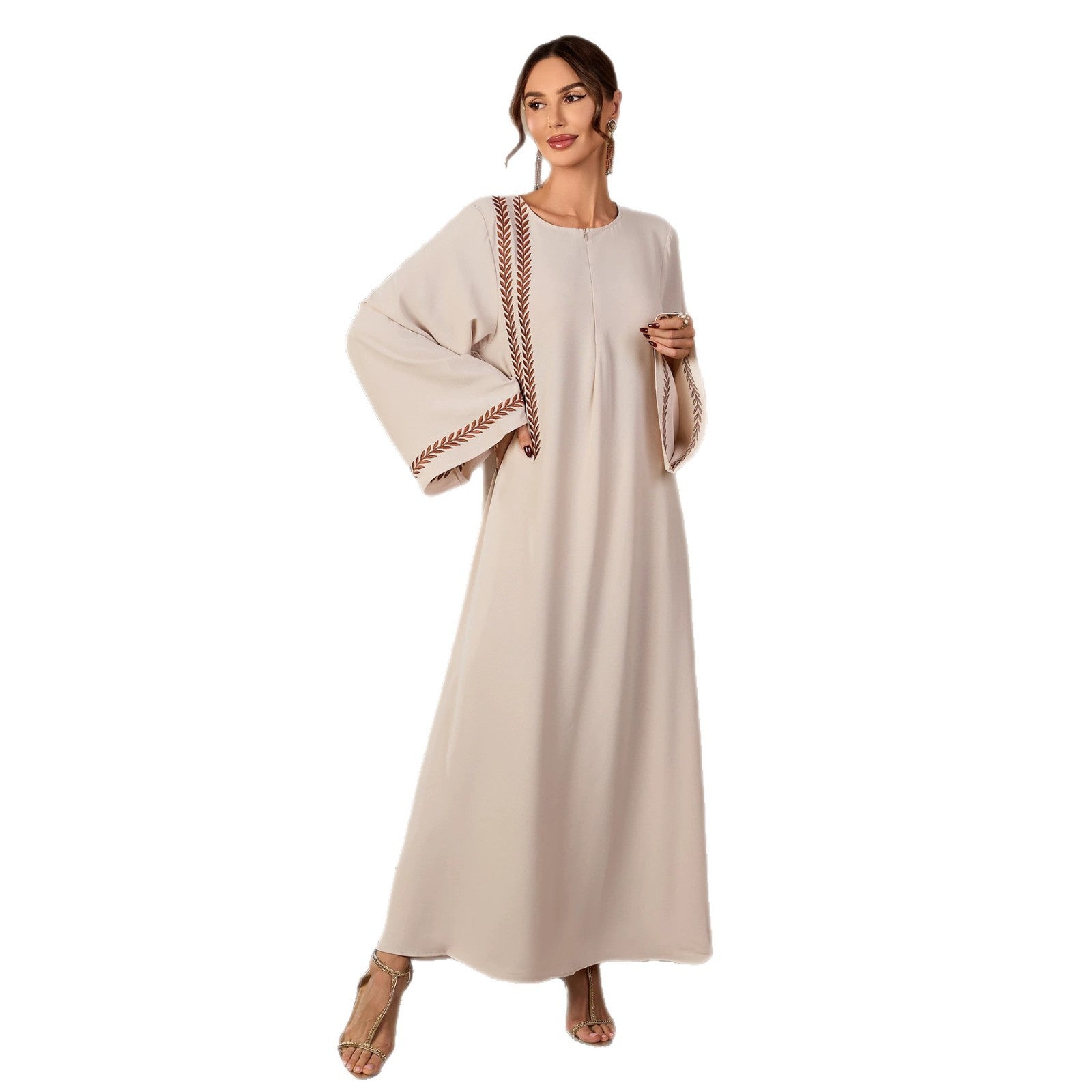 Apricot and Black Embroidered Open Cardigan Maxi Abaya Dress Jalabiya Modest Long Dress for Eid Ramadan Festive Celebration S-XXL