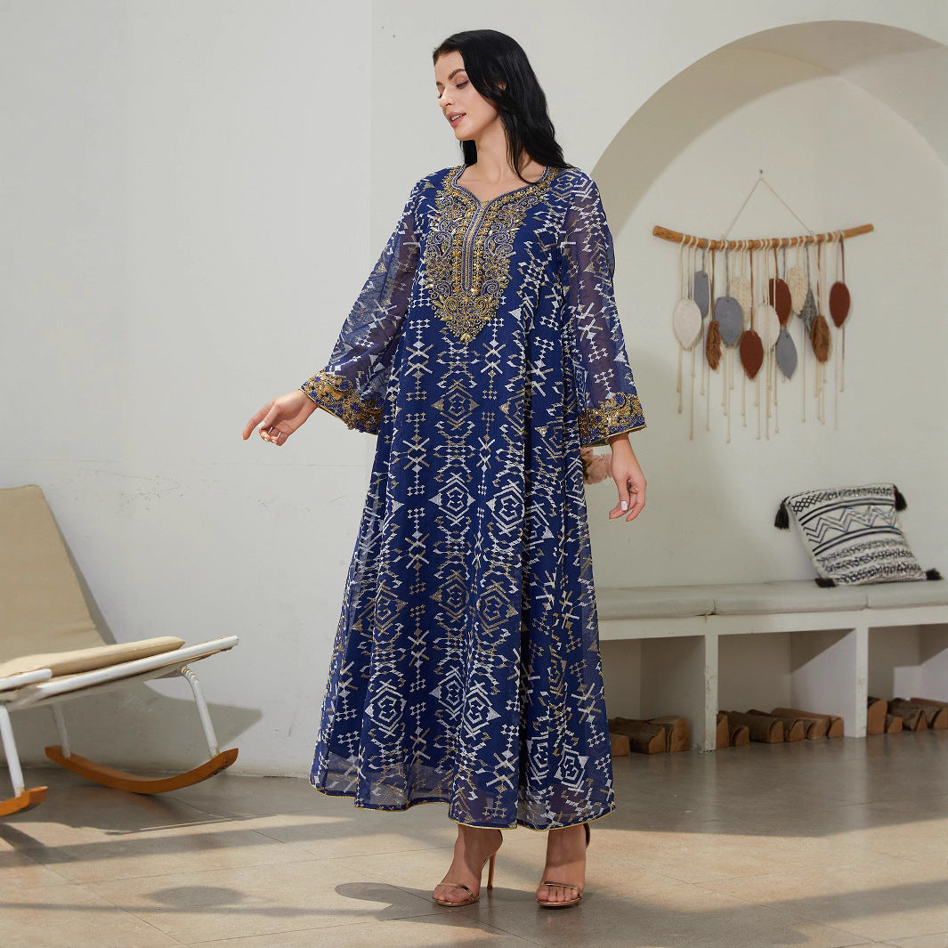 Charming Blue Mesh Kaftan – Embroidered Modest Maxi Dress
