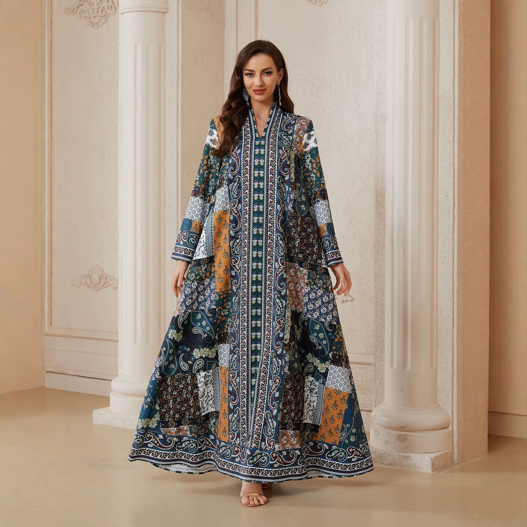 Floral Rhinestone Printed Jalabiya - Casual Modest Long Dress