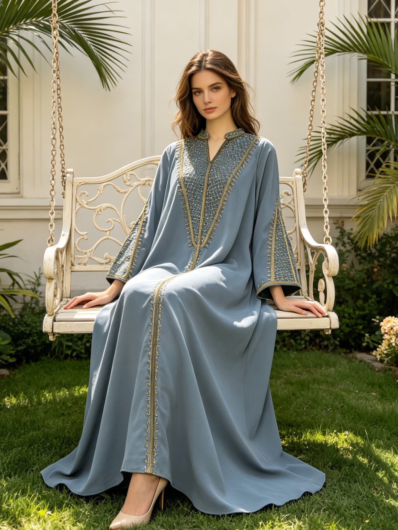 Sea Blue and Navy Heavy Gold Thread Embroidered Maxi Dress