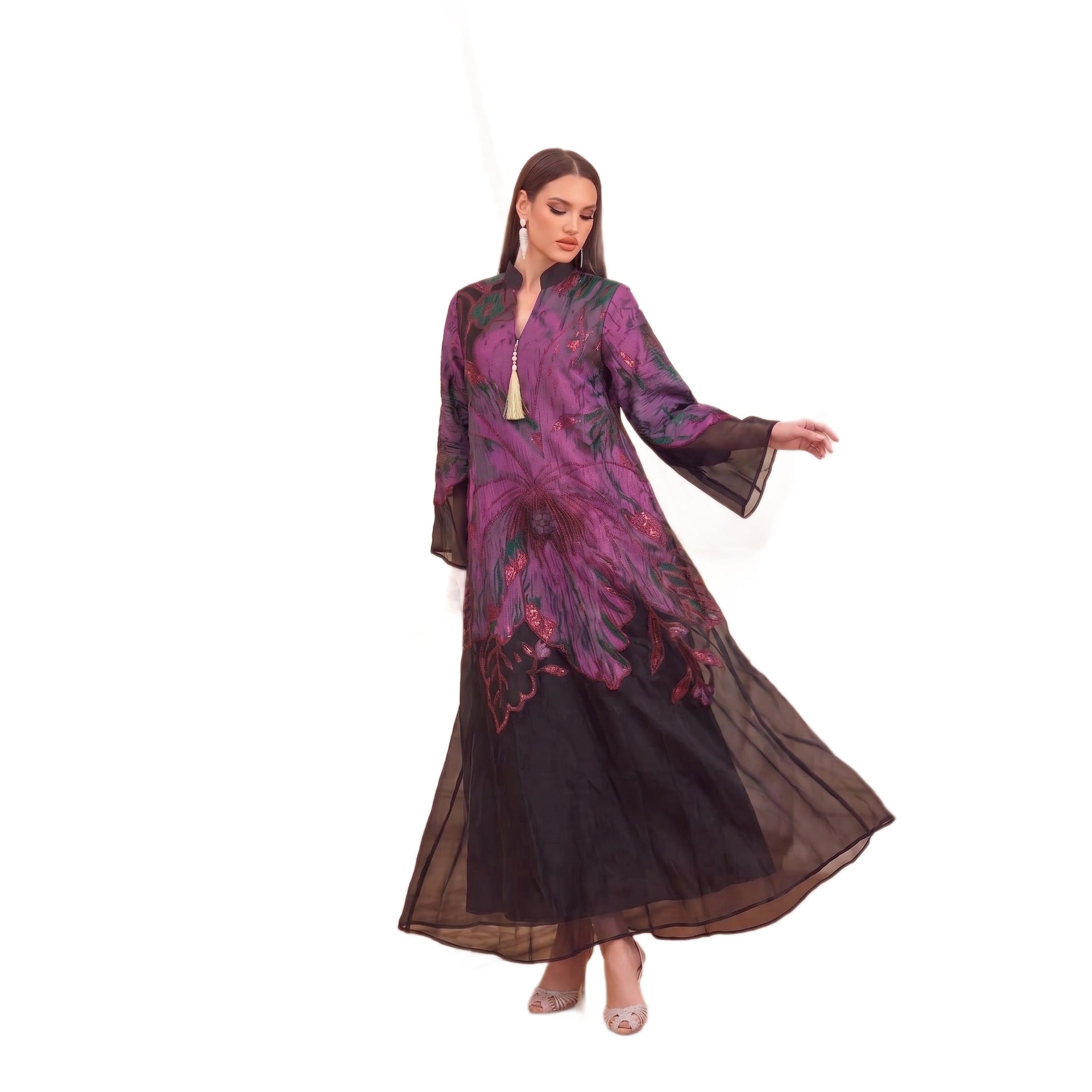 Multi-Color V-Neck Jacquard Lined Evening Maxi Abaya Dress