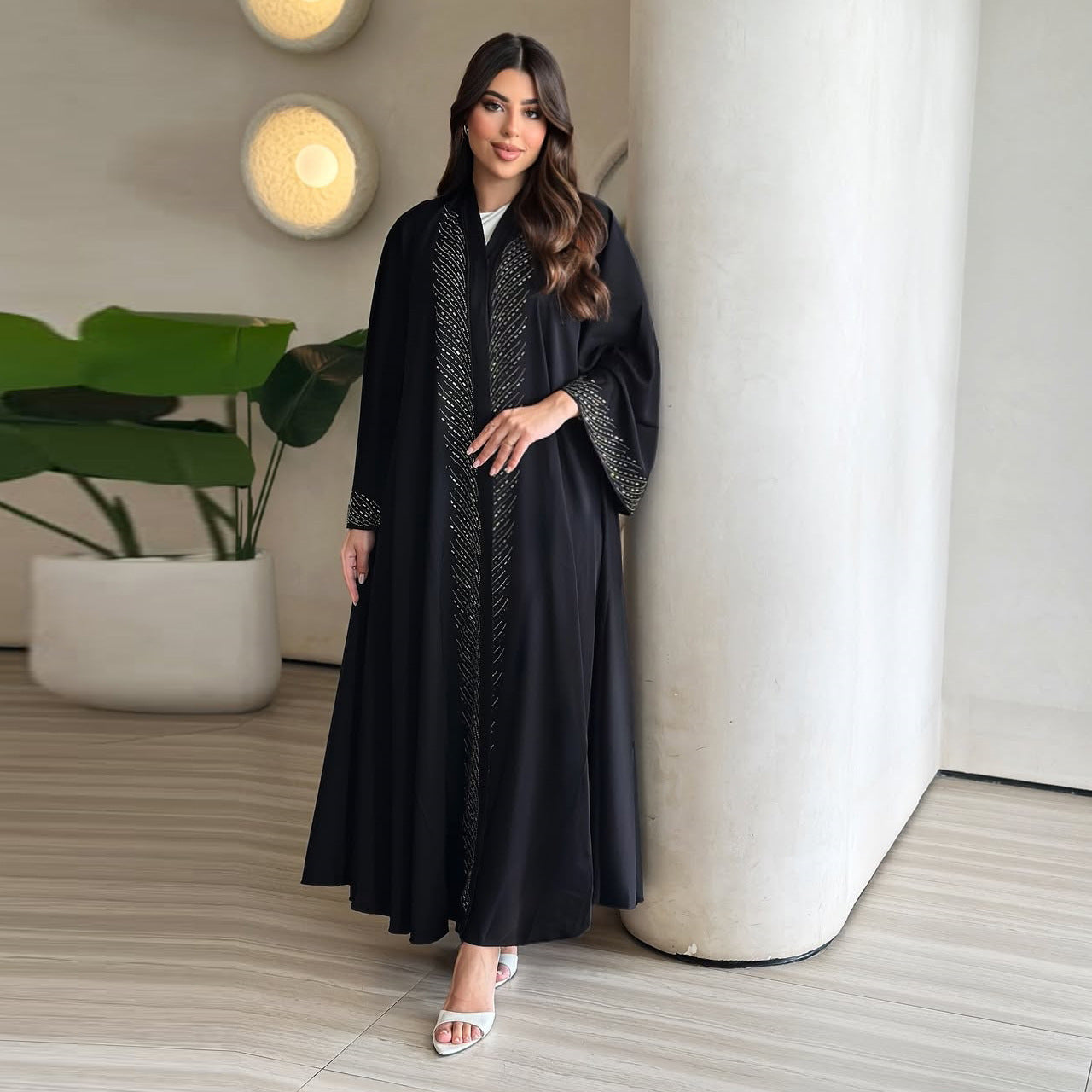 Black Rhinestone Embellished Pullover Long Maxi Abaya Dress - Modest Open Front